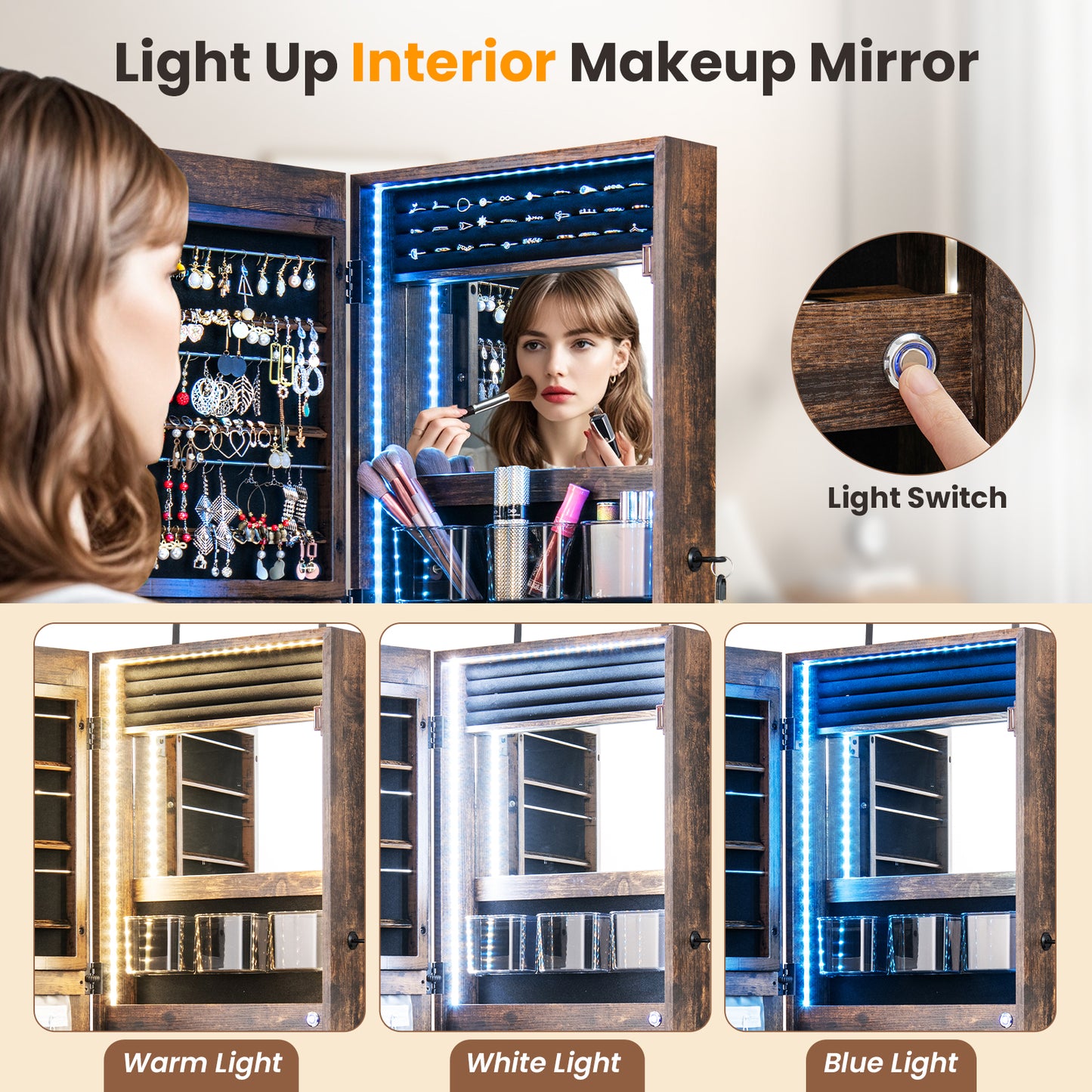 42.5 Inch Lockable Jewelry Wall Cabinet with Full-Length Mirror, 3-Color LED Lights – Rustic Brown