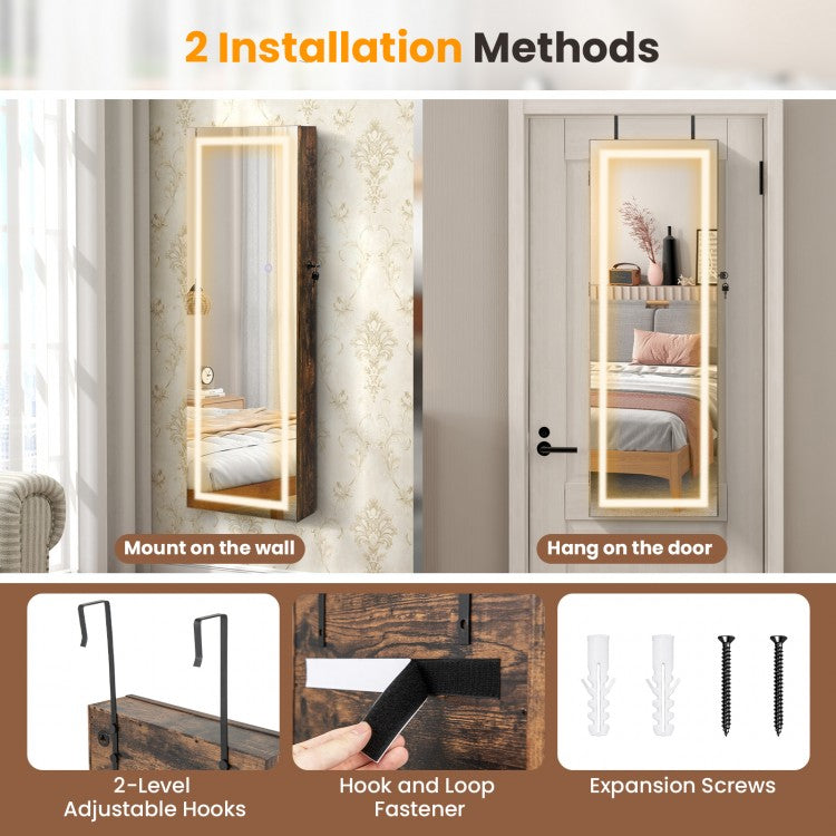 42.5 Inch Lockable Jewelry Wall Cabinet with Full-Length Mirror, 3-Color LED Lights – Rustic Brown