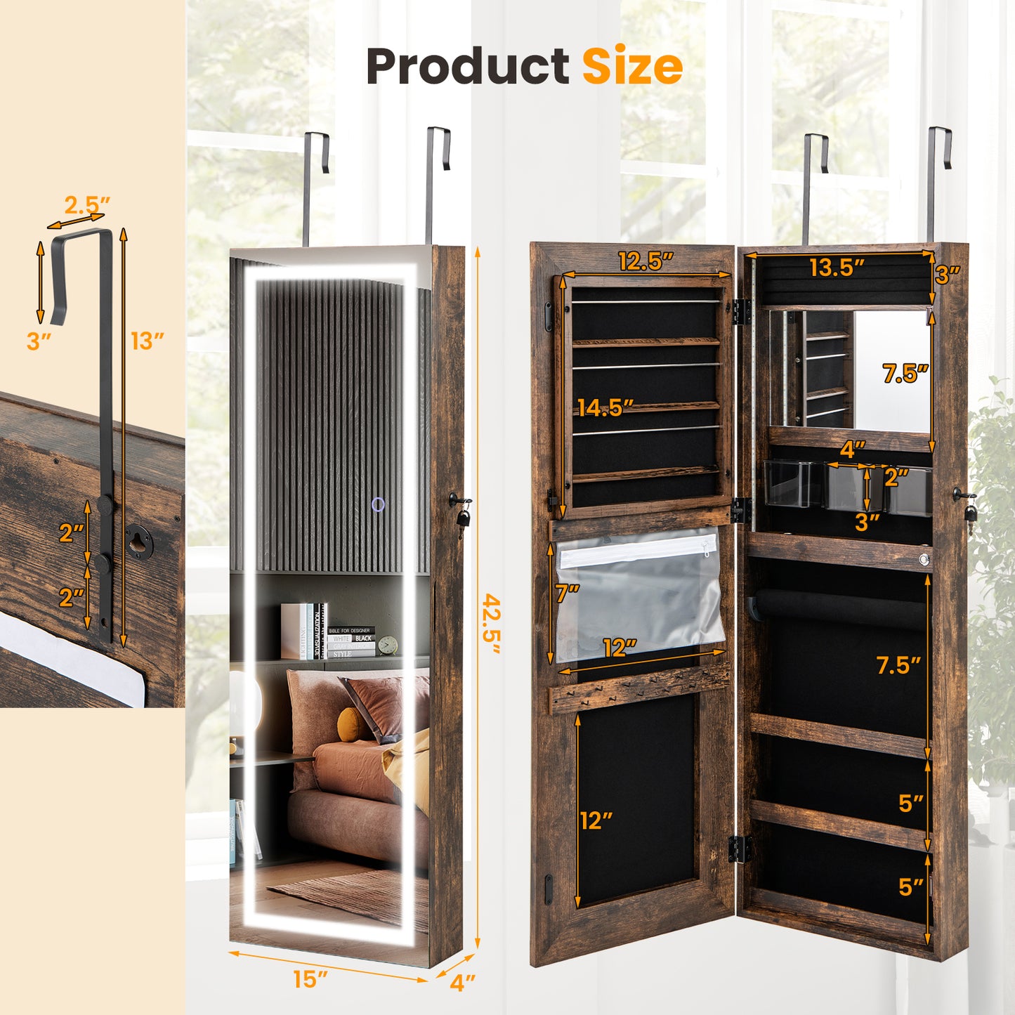 42.5 Inch Lockable Jewelry Wall Cabinet with Full-Length Mirror, 3-Color LED Lights – Rustic Brown