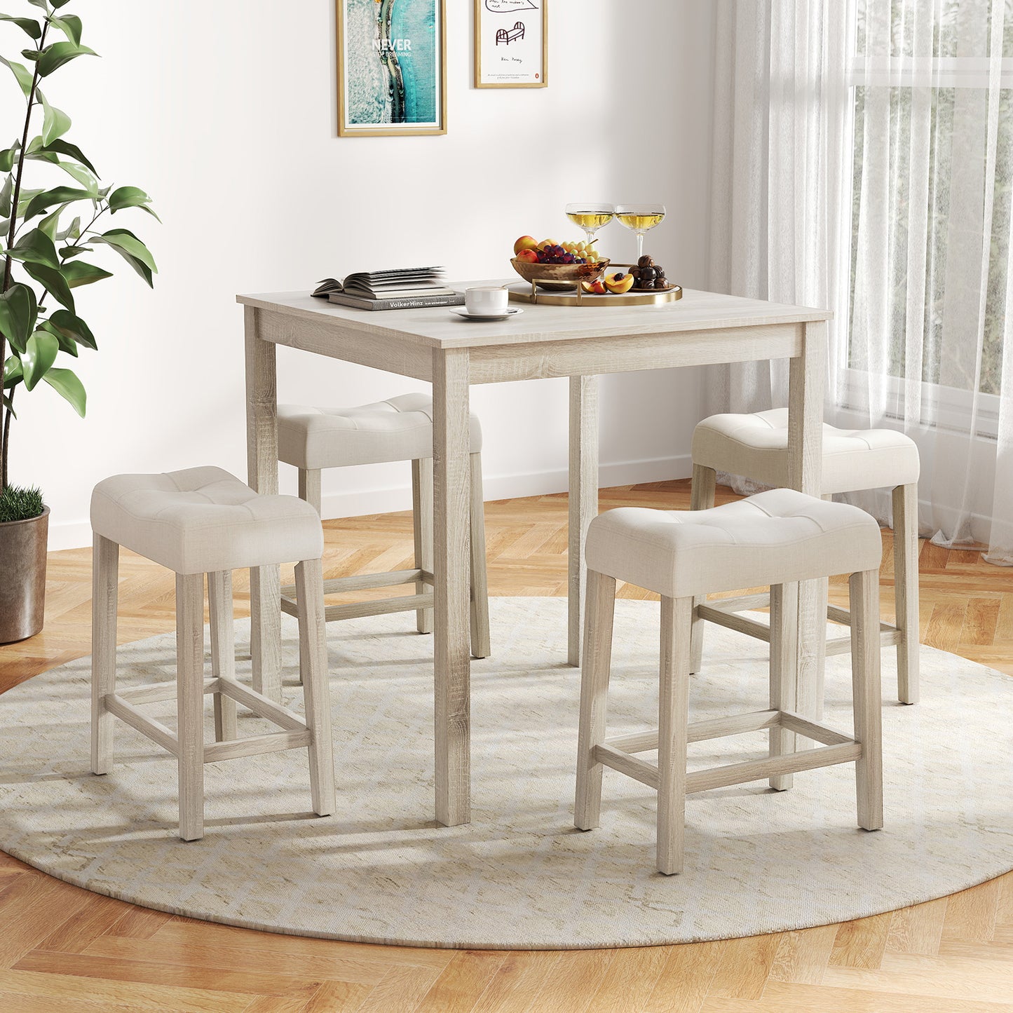 5 Piece Counter Height Dining Set with Square Table and Upholstered Stools