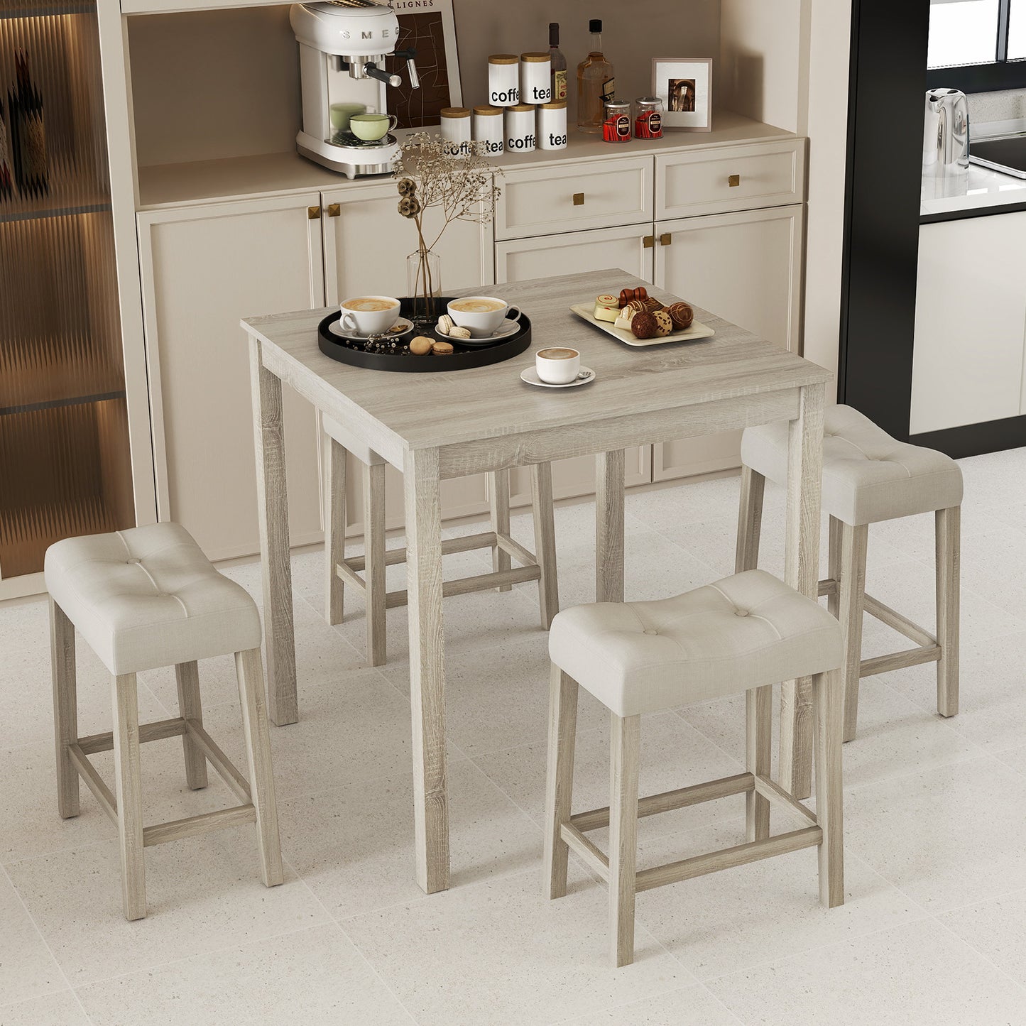 5 Piece Counter Height Dining Set with Square Table and Upholstered Stools