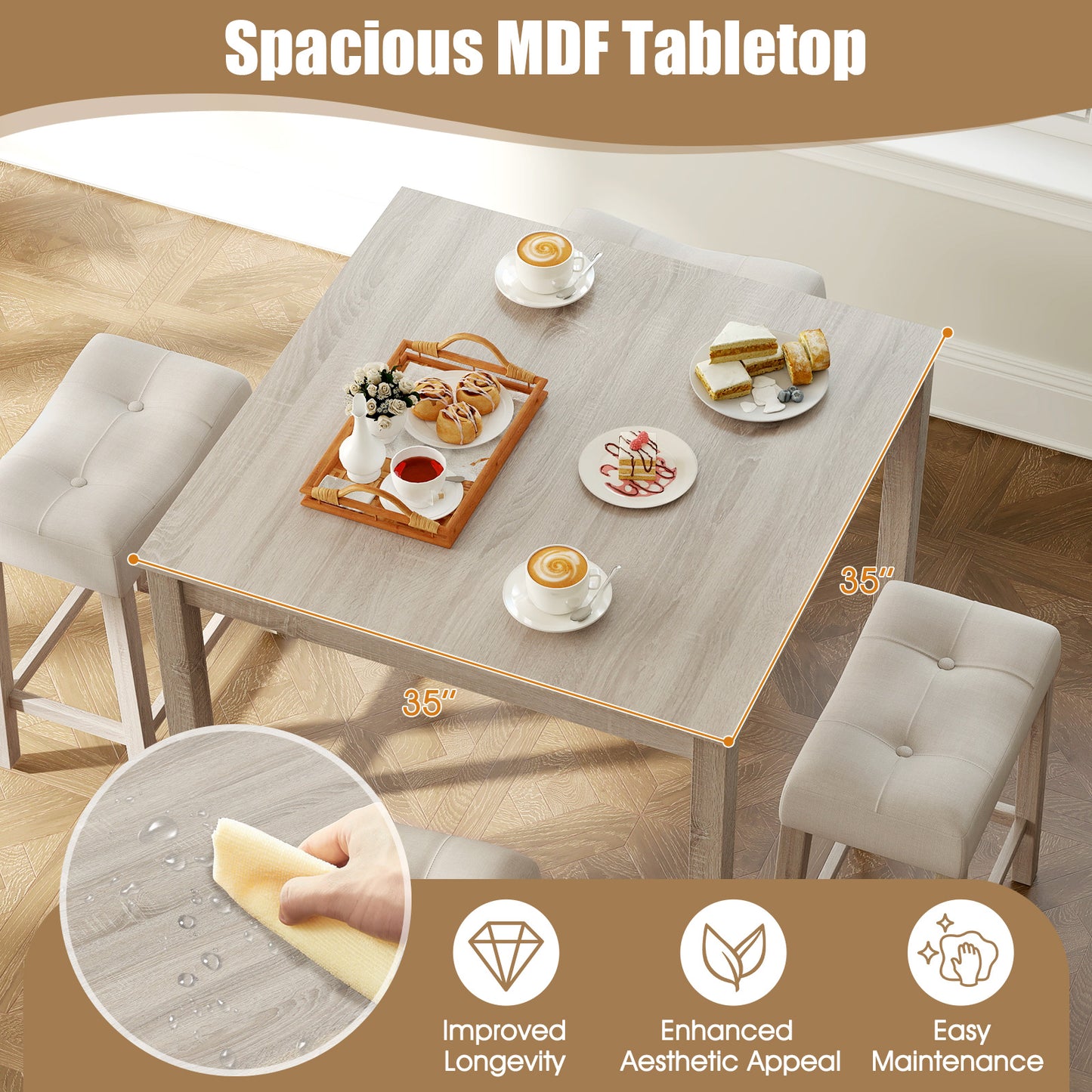 5 Piece Counter Height Dining Set with Square Table and Upholstered Stools