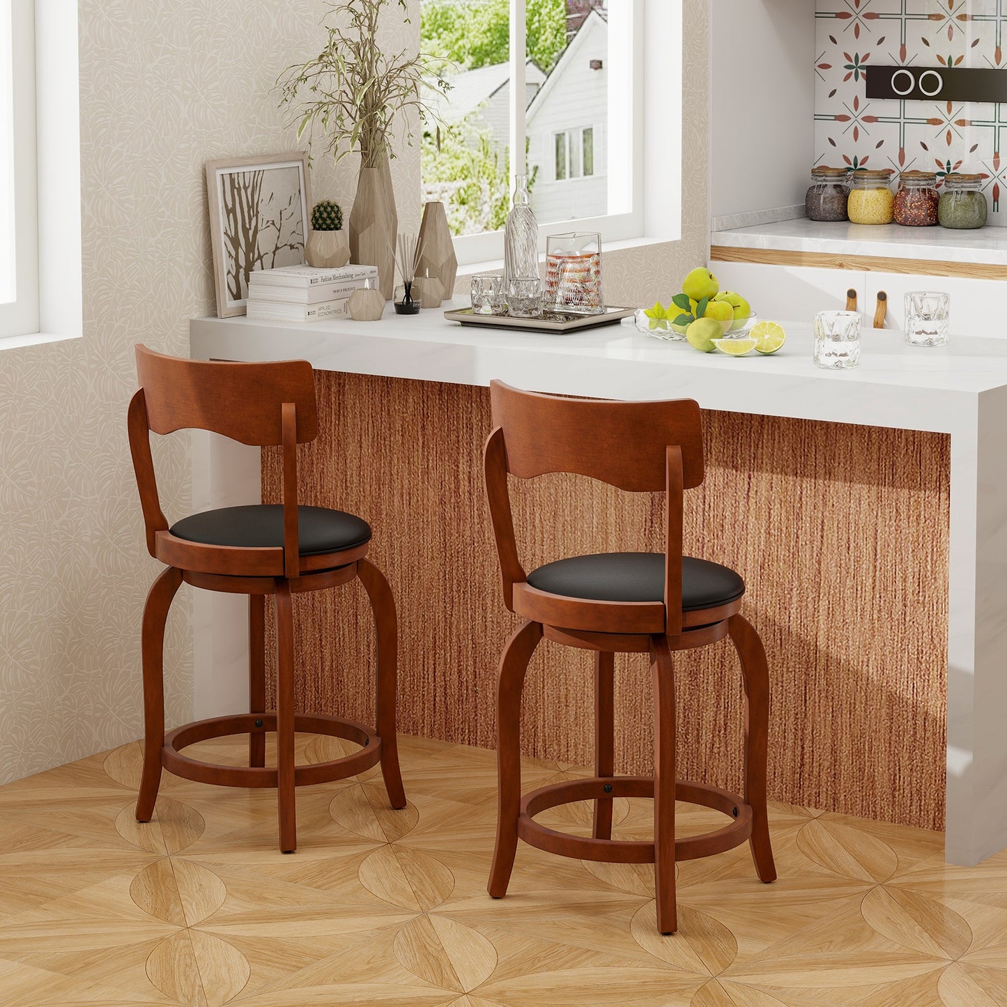 2 Pieces Swivel Bar Stools with Rubber Wood Frame and Upholstered Faux Leather Seat - 24 Inch