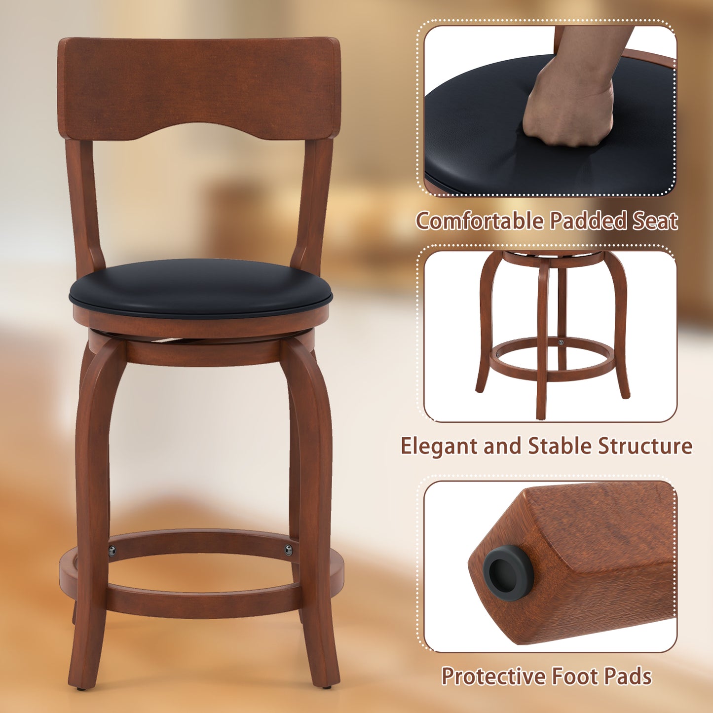 2 Pieces Swivel Bar Stools with Rubber Wood Frame and Upholstered Faux Leather Seat - 24 Inch