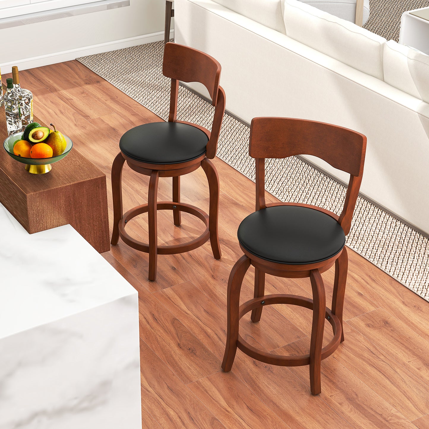 2 Pieces Swivel Bar Stools with Rubber Wood Frame and Upholstered Faux Leather Seat - 24 Inch