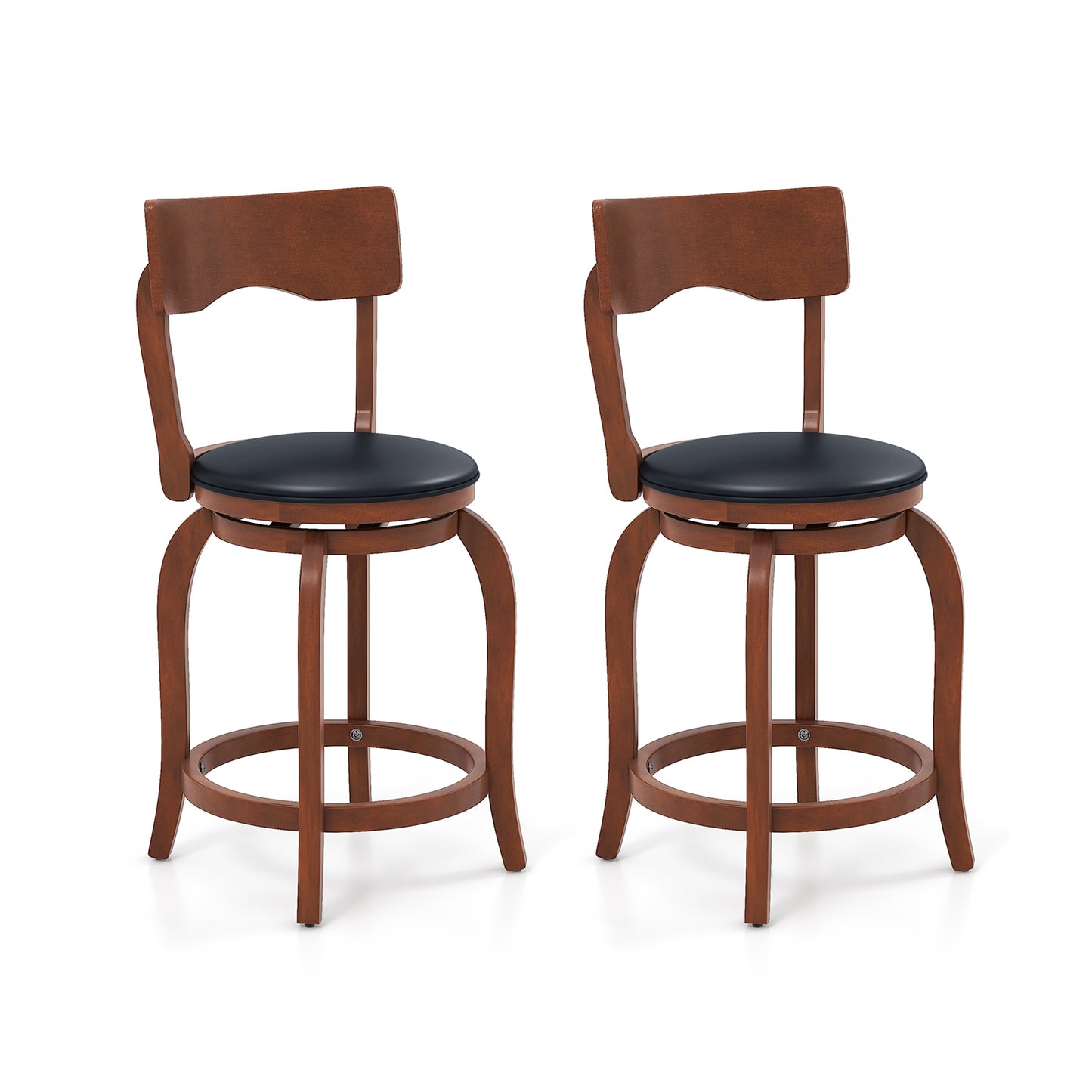 2 Pieces Swivel Bar Stools with Rubber Wood Frame and Upholstered Faux Leather Seat - 24 Inch
