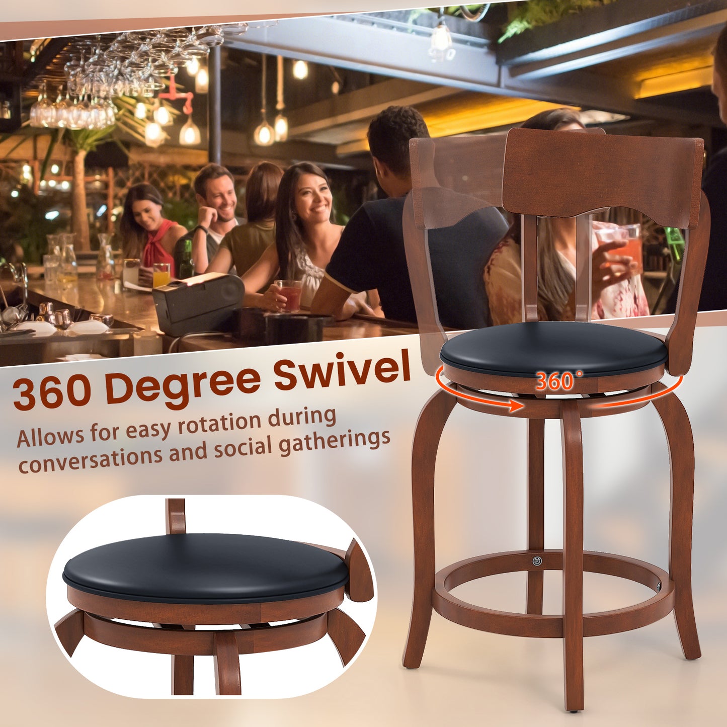 2 Pieces Swivel Bar Stools with Rubber Wood Frame and Upholstered Faux Leather Seat - 24 Inch