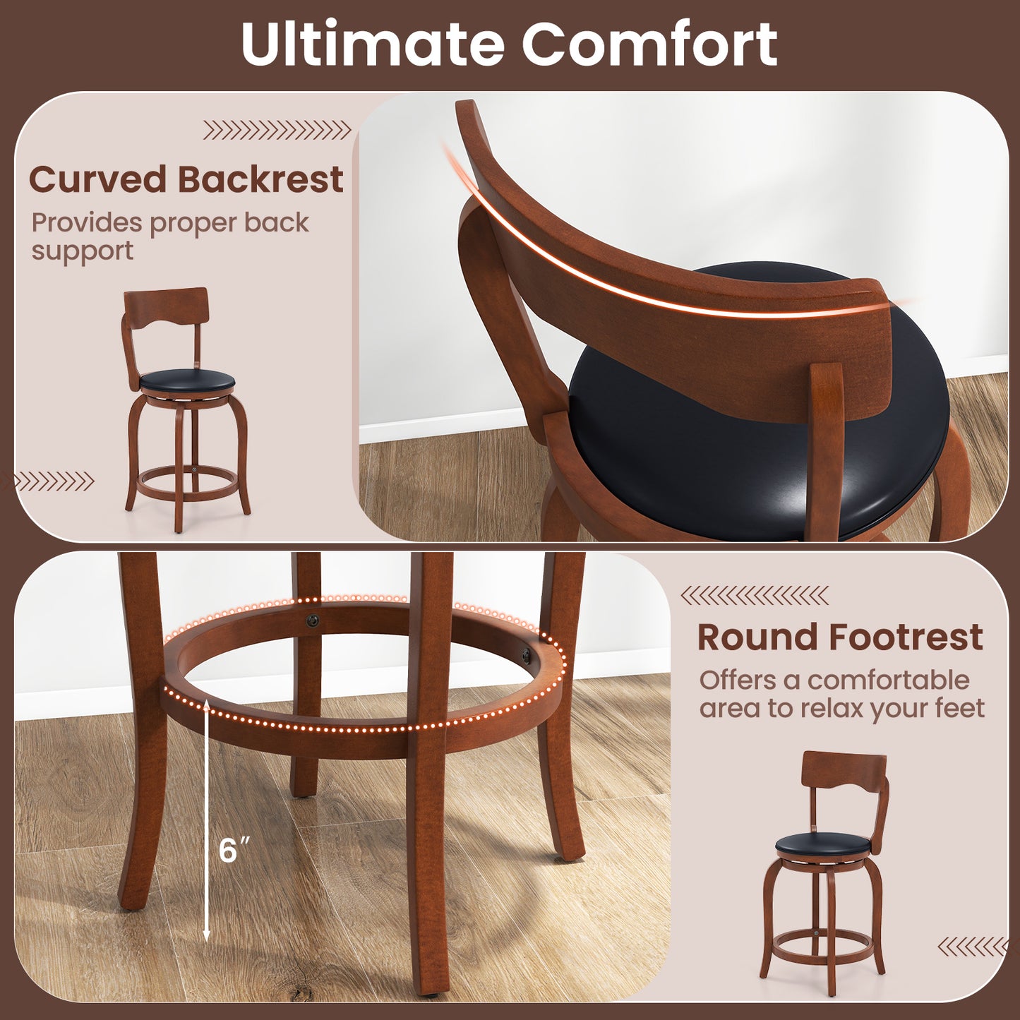 2 Pieces Swivel Bar Stools with Rubber Wood Frame and Upholstered Faux Leather Seat - 24 Inch