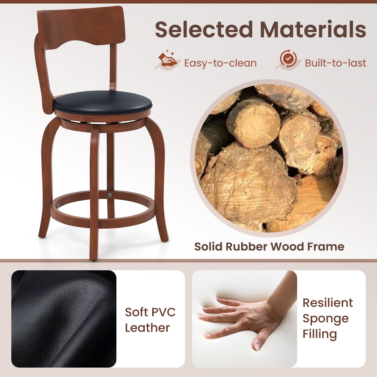 2 Pieces Swivel Bar Stools with Rubber Wood Frame and Upholstered Faux Leather Seat - 24 Inch