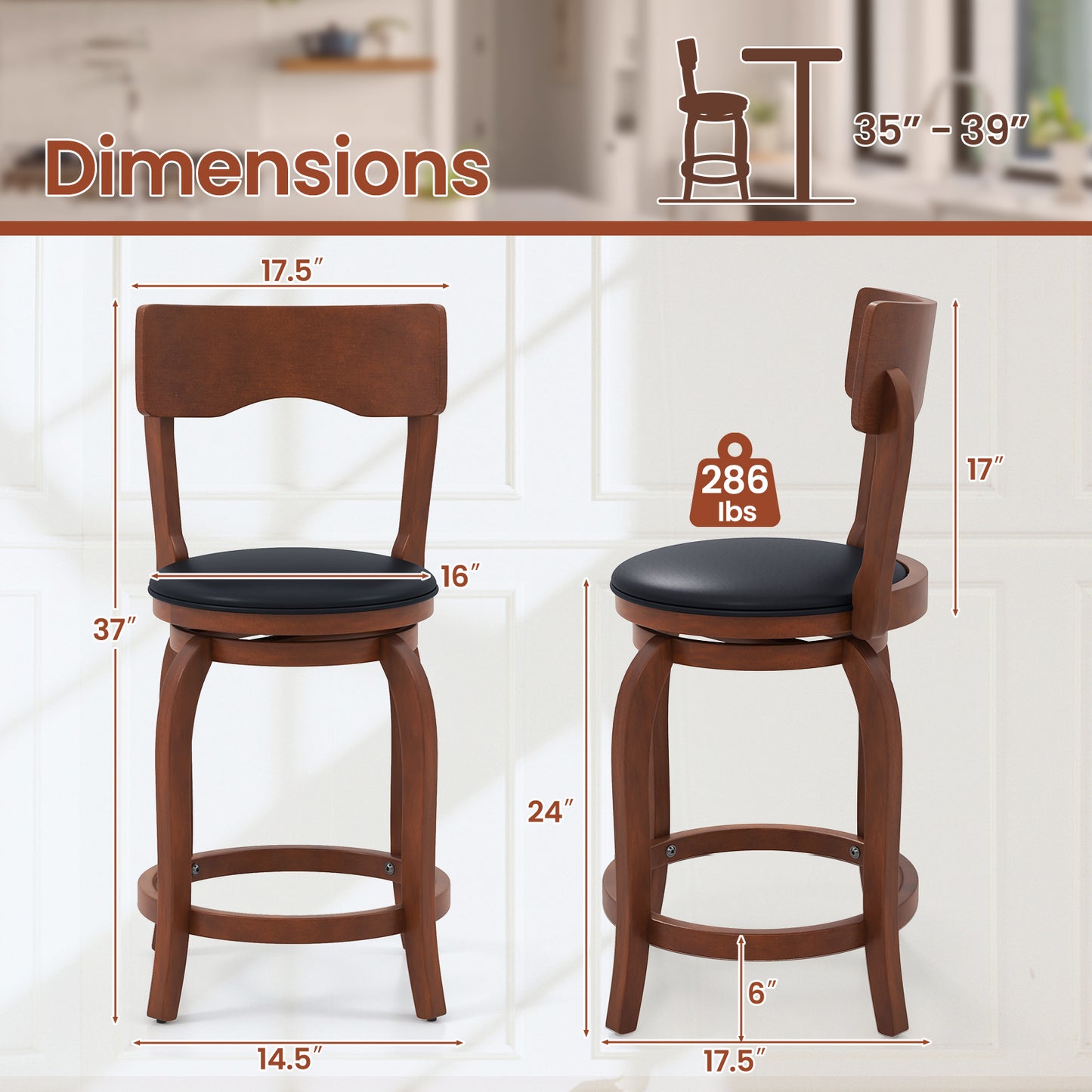 2 Pieces Swivel Bar Stools with Rubber Wood Frame and Upholstered Faux Leather Seat - 24 Inch
