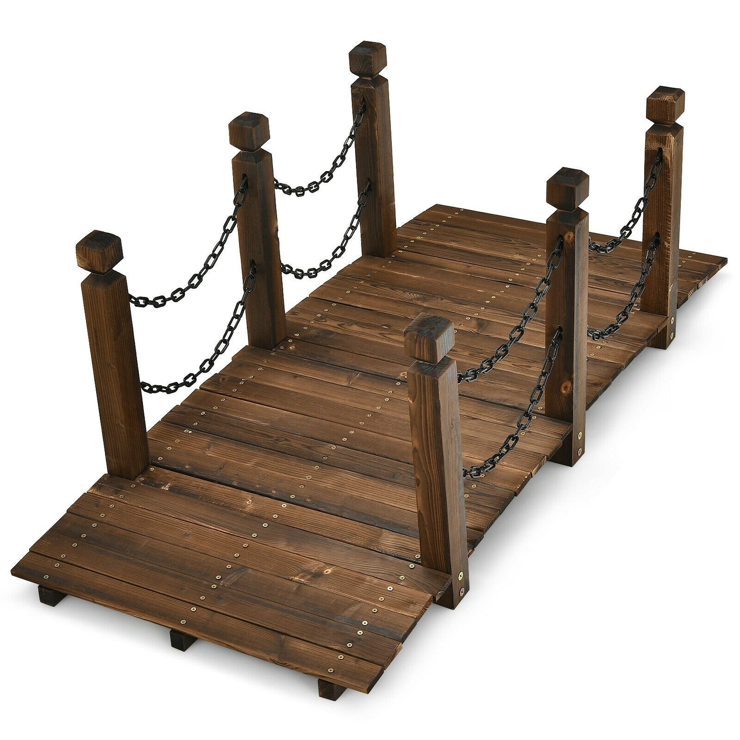 5 Foot Wooden Garden Bridge with Arc Design, Stained Finish & Safety Rails
