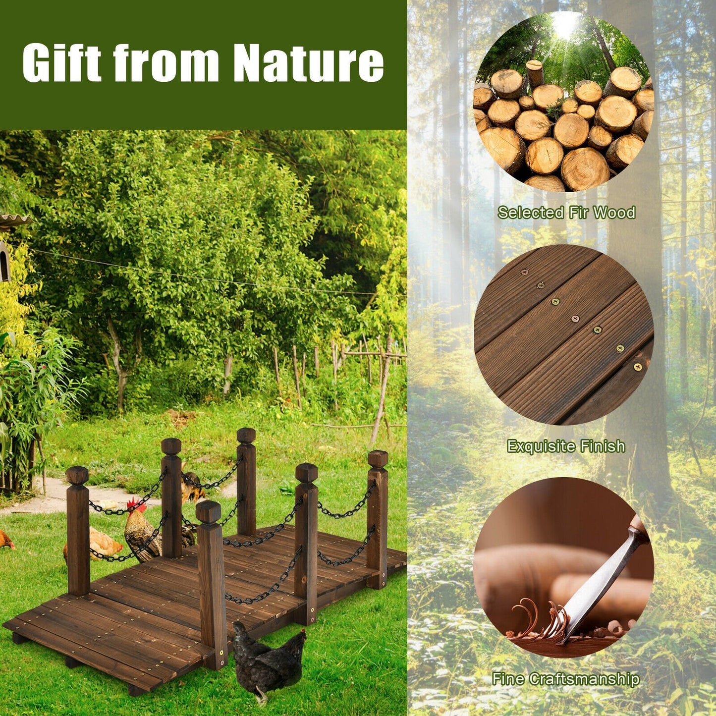 5 Foot Wooden Garden Bridge with Arc Design, Stained Finish & Safety Rails