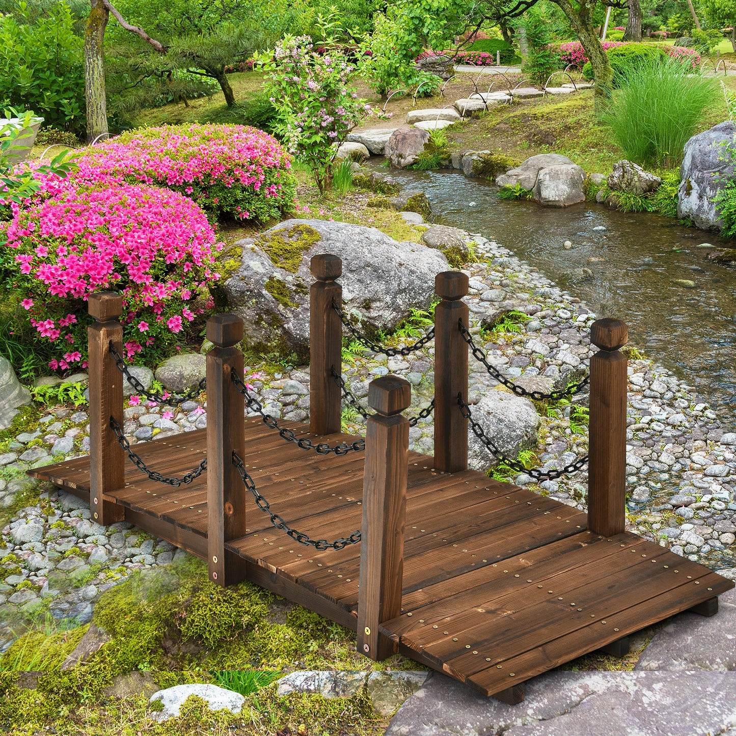 5 Foot Wooden Garden Bridge with Arc Design, Stained Finish & Safety Rails