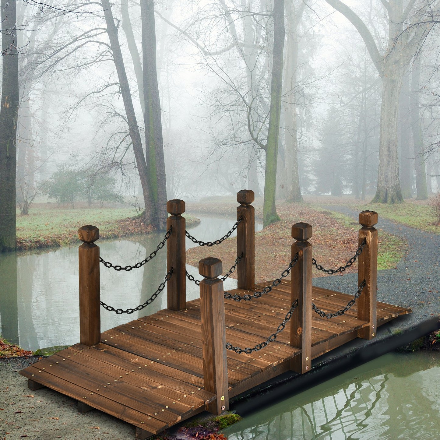 5 Foot Wooden Garden Bridge with Arc Design, Stained Finish & Safety Rails