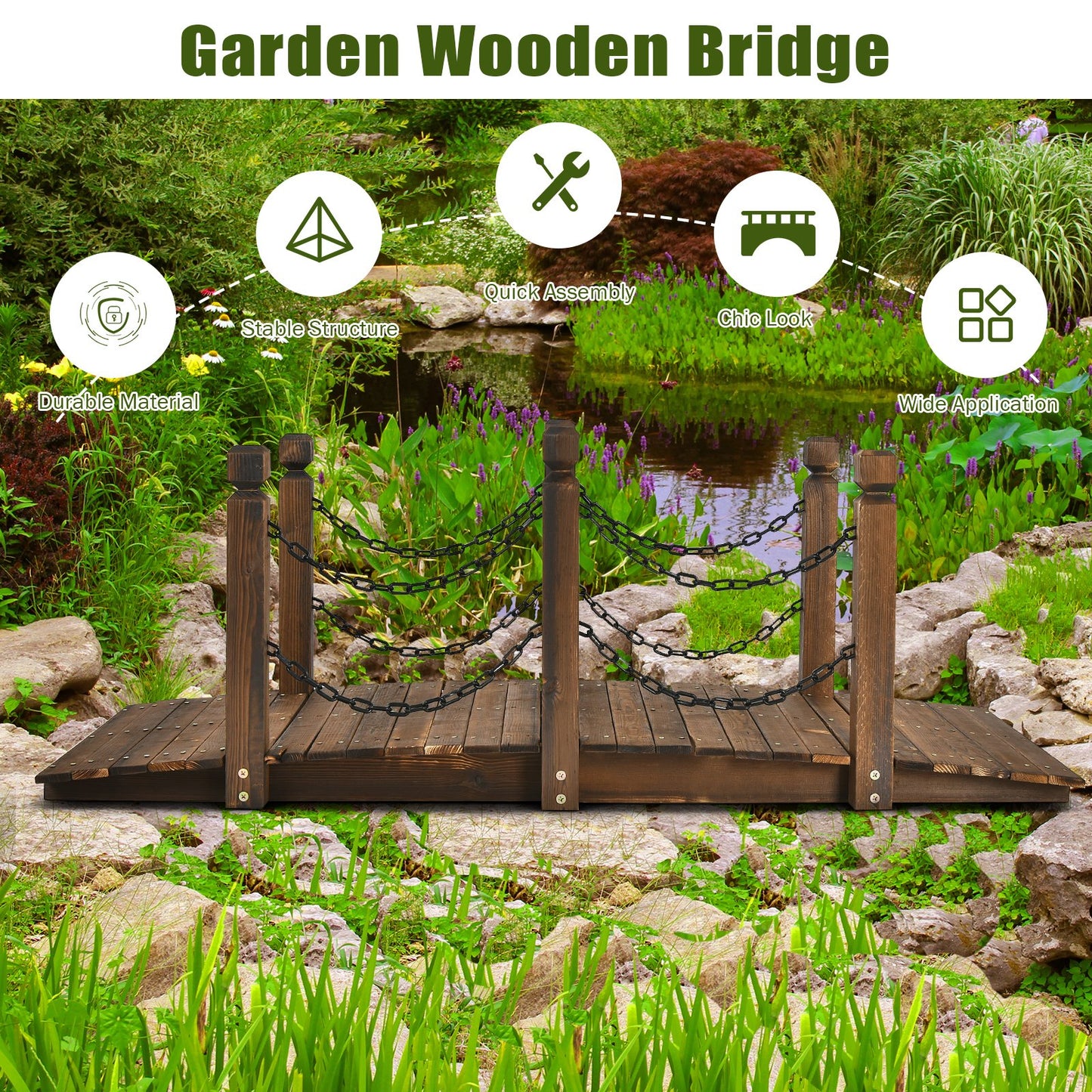 5 Foot Wooden Garden Bridge with Arc Design, Stained Finish & Safety Rails