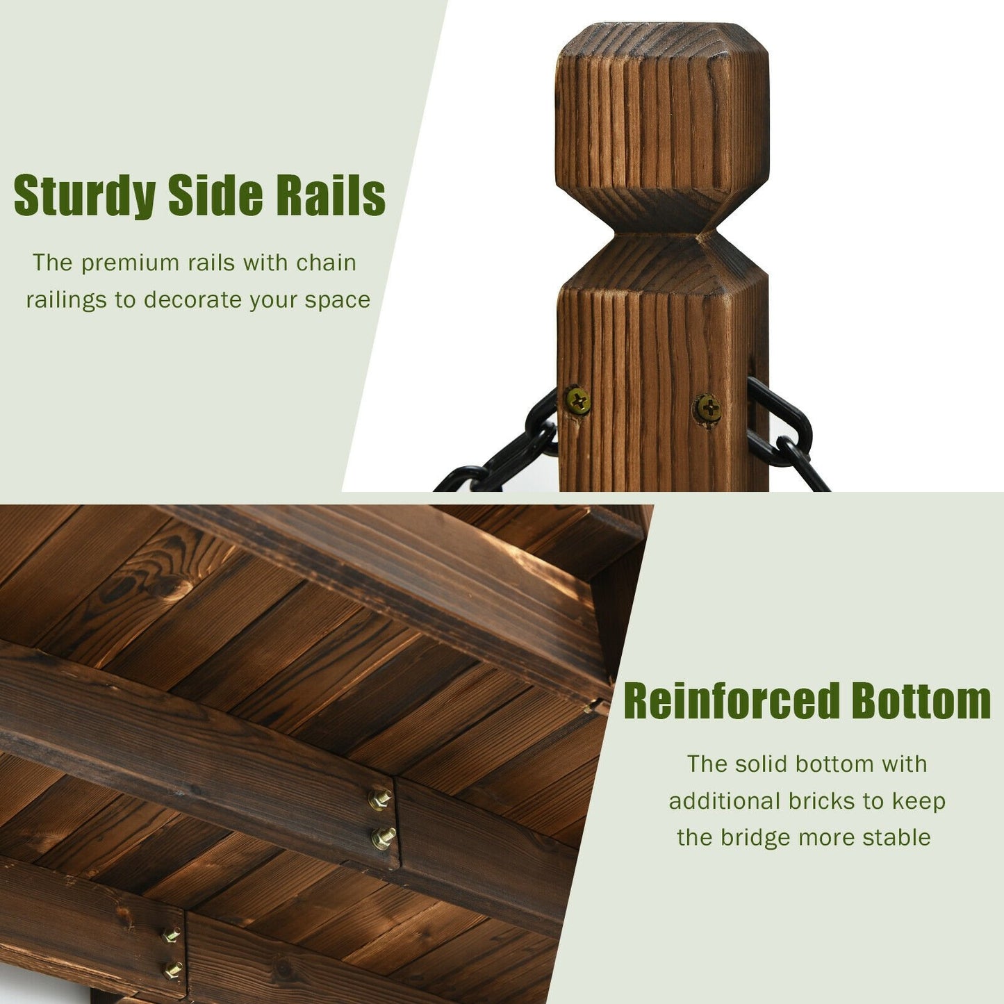5 Foot Wooden Garden Bridge with Arc Design, Stained Finish & Safety Rails