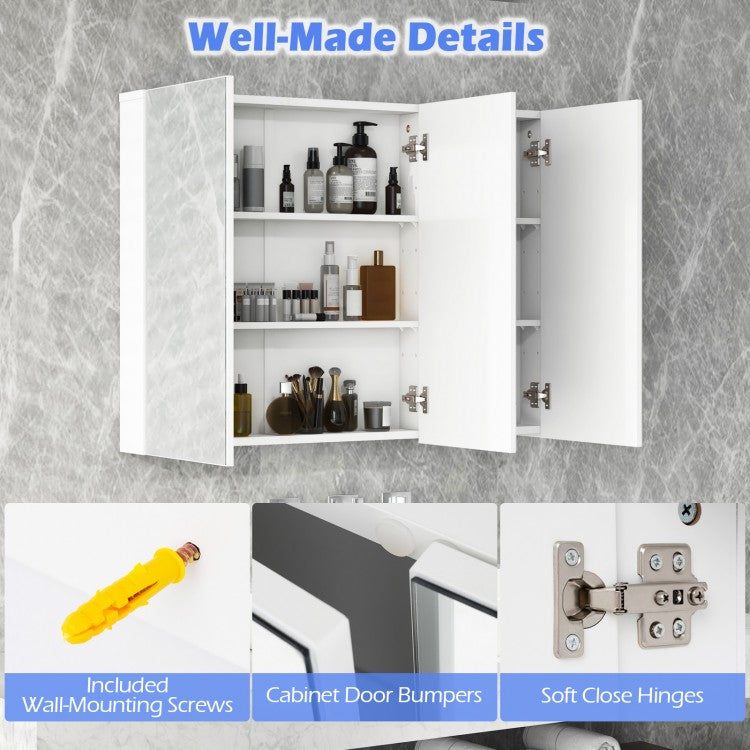 3 Door Wall-Mounted Medicine Cabinet with Adjustable Shelves