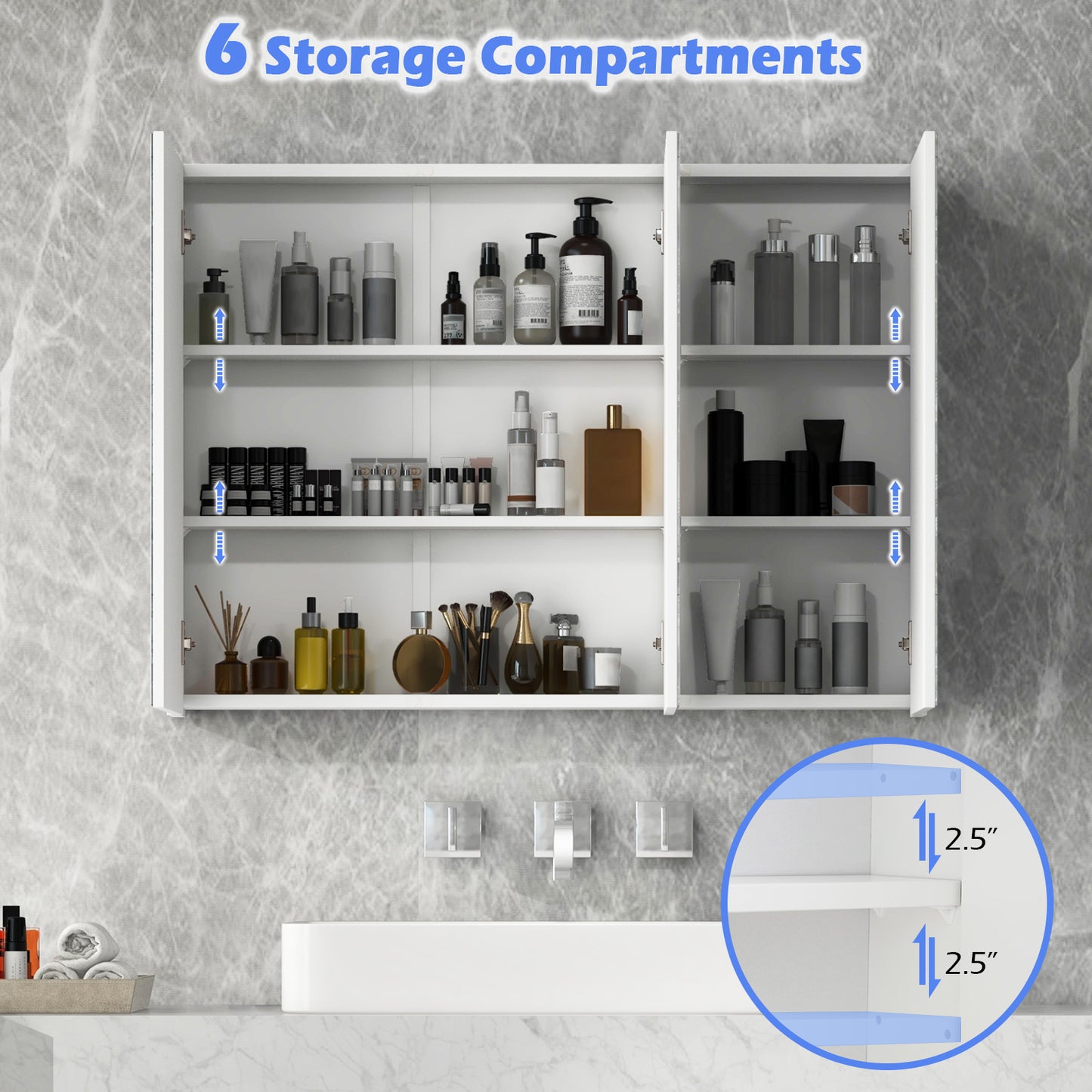 3 Door Wall-Mounted Medicine Cabinet with Adjustable Shelves