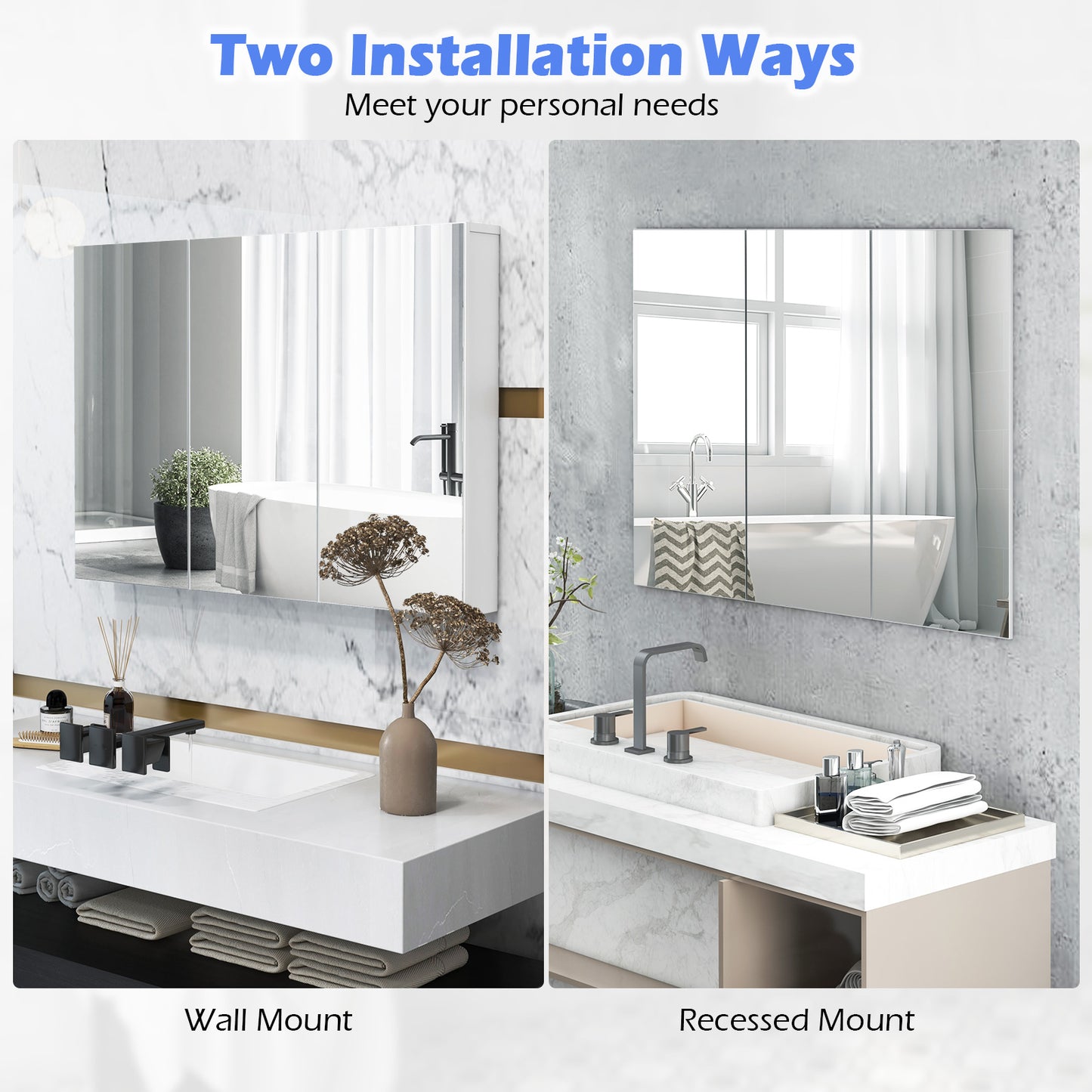 3 Door Wall-Mounted Medicine Cabinet with Adjustable Shelves
