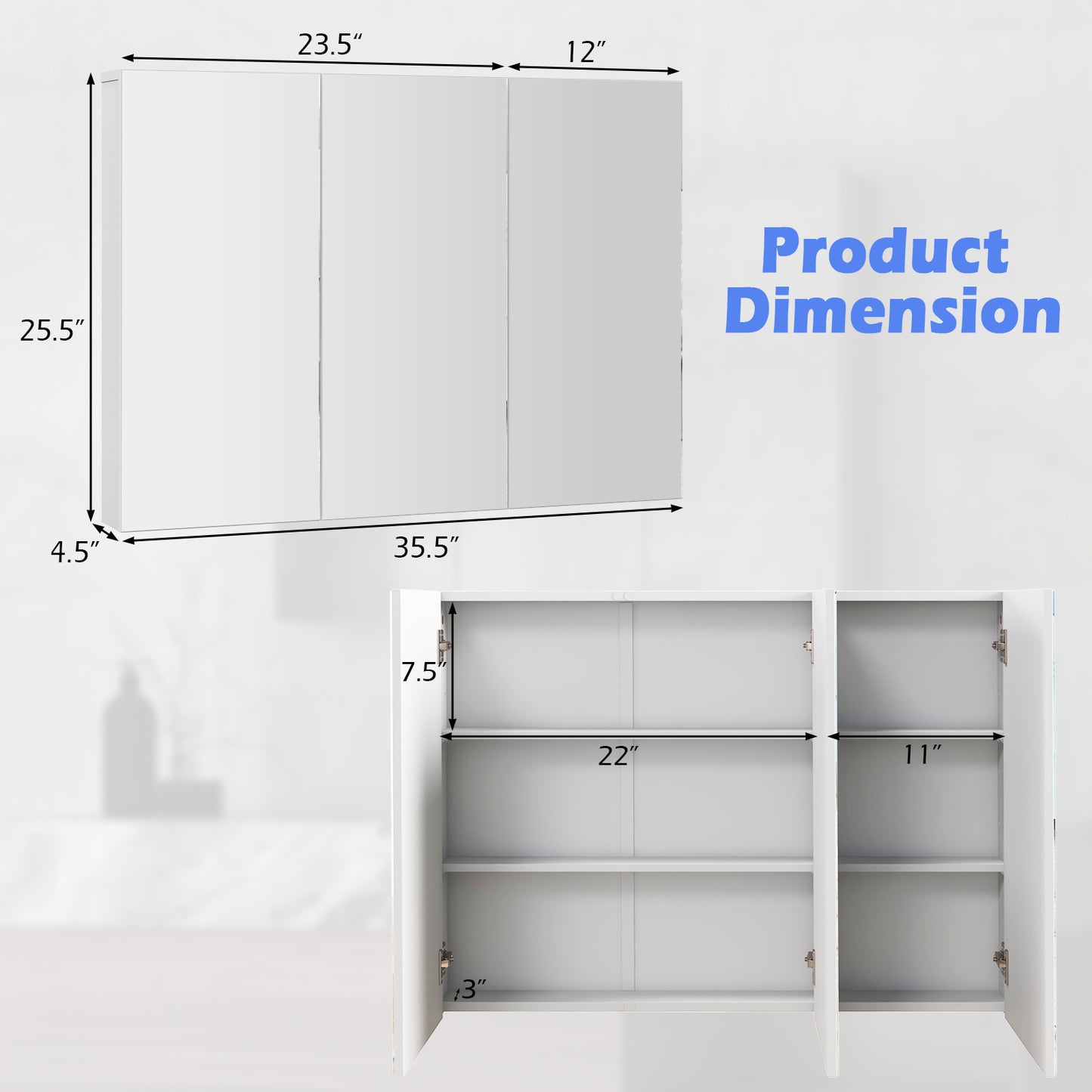 3 Door Wall-Mounted Medicine Cabinet with Adjustable Shelves