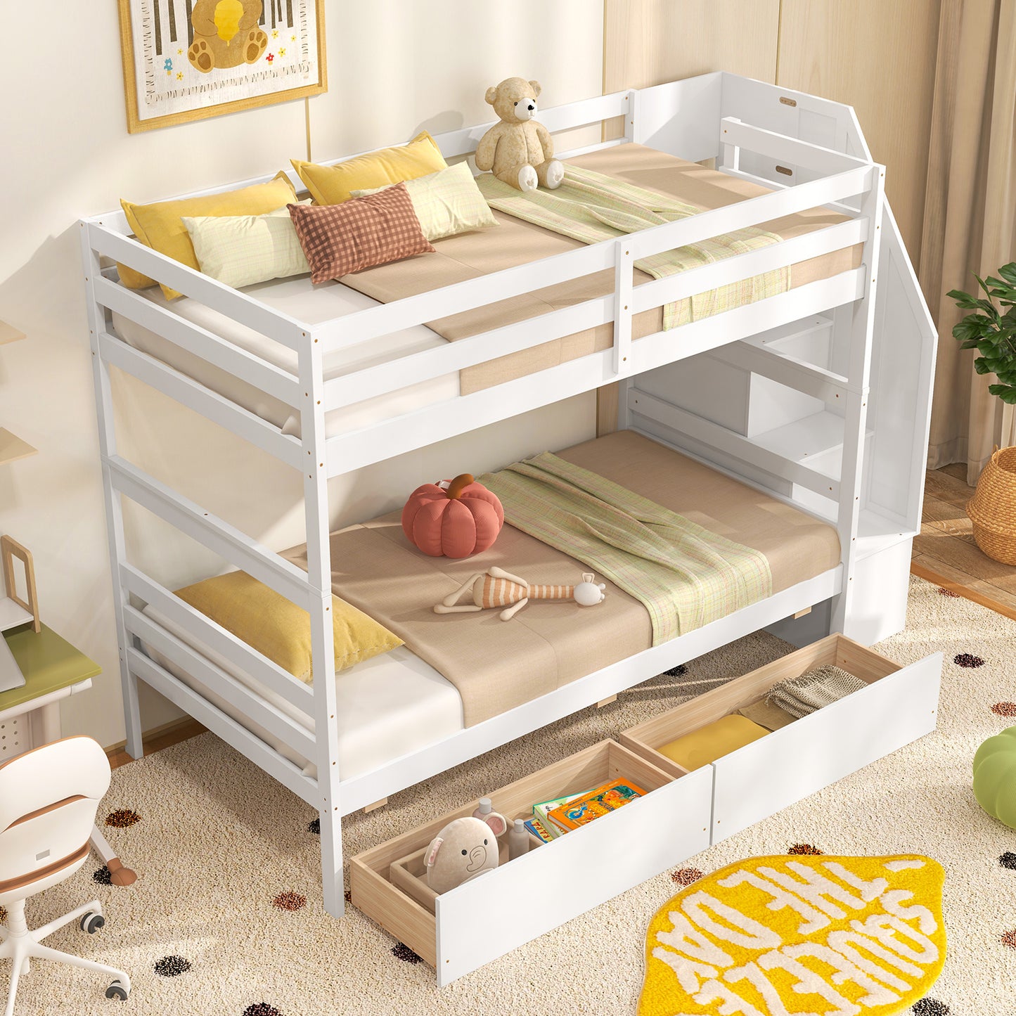 Solid Wood Twin Over Twin Bunk Bed with Storage Stairs, Drawers, and Guardrails - White