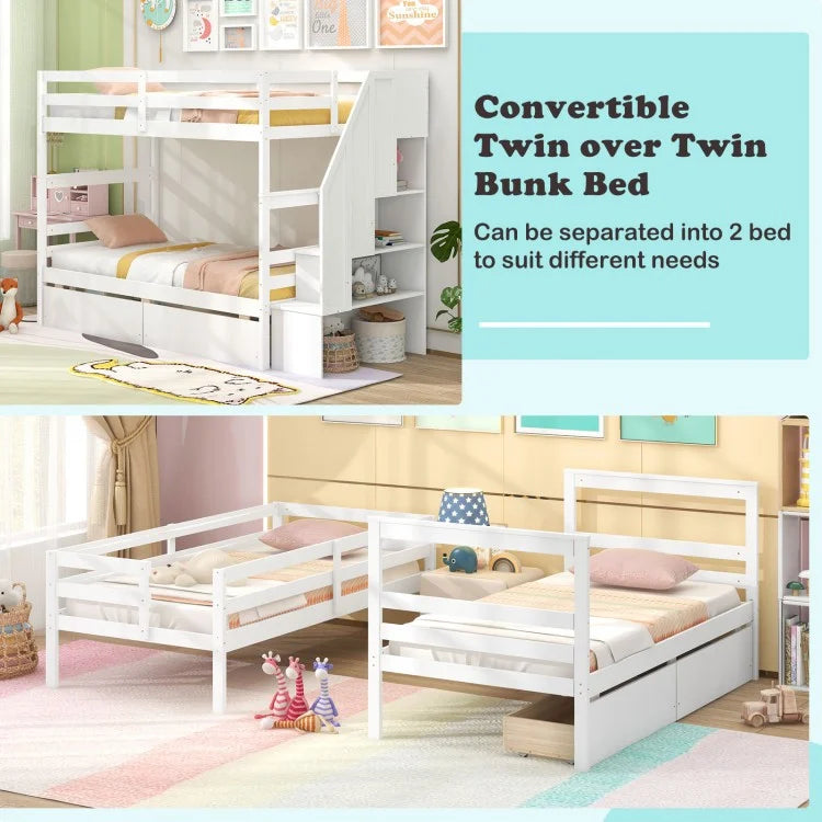 Solid Wood Twin Over Twin Bunk Bed with Storage Stairs, Drawers, and Guardrails - White