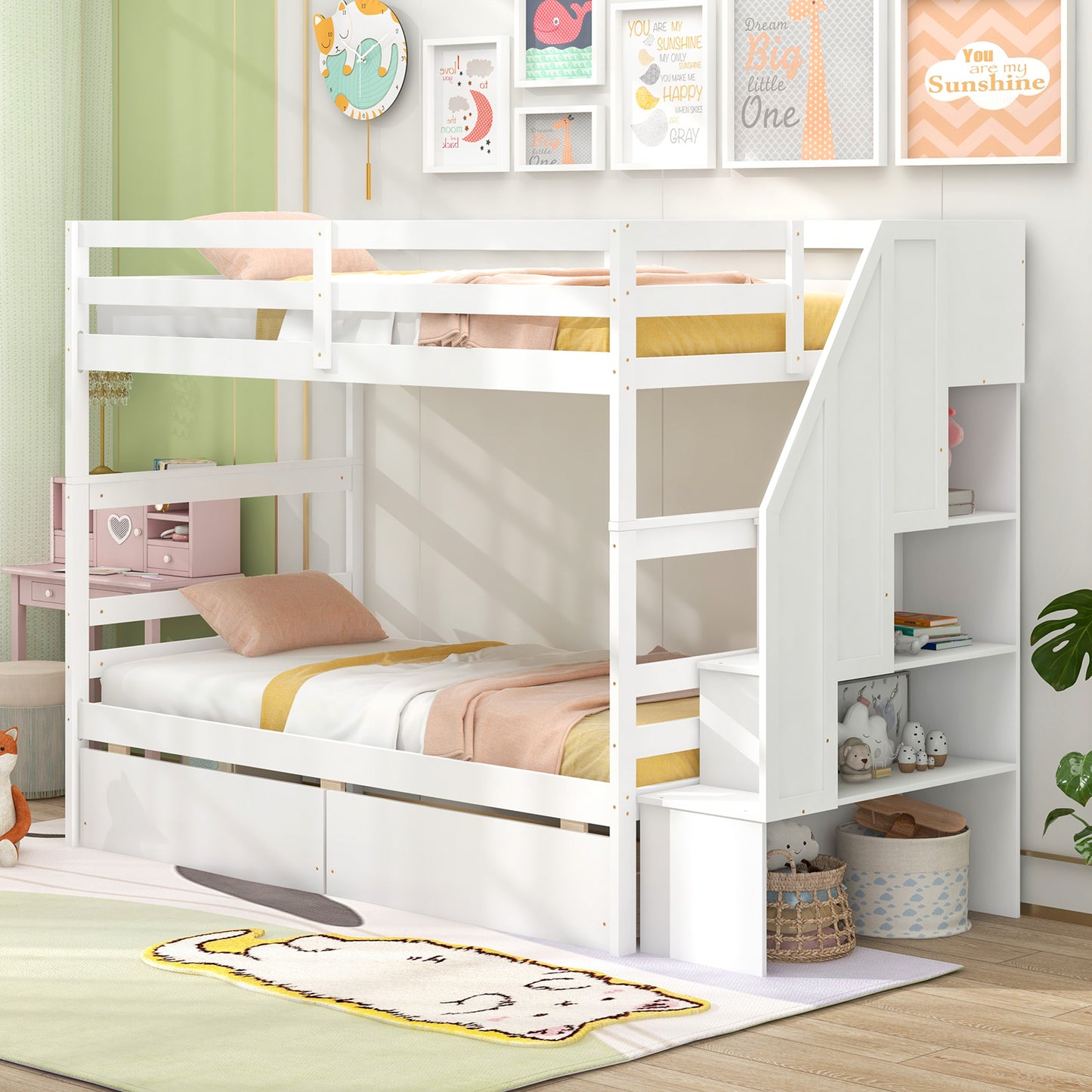 Solid Wood Twin Over Twin Bunk Bed with Storage Stairs, Drawers, and Guardrails - White