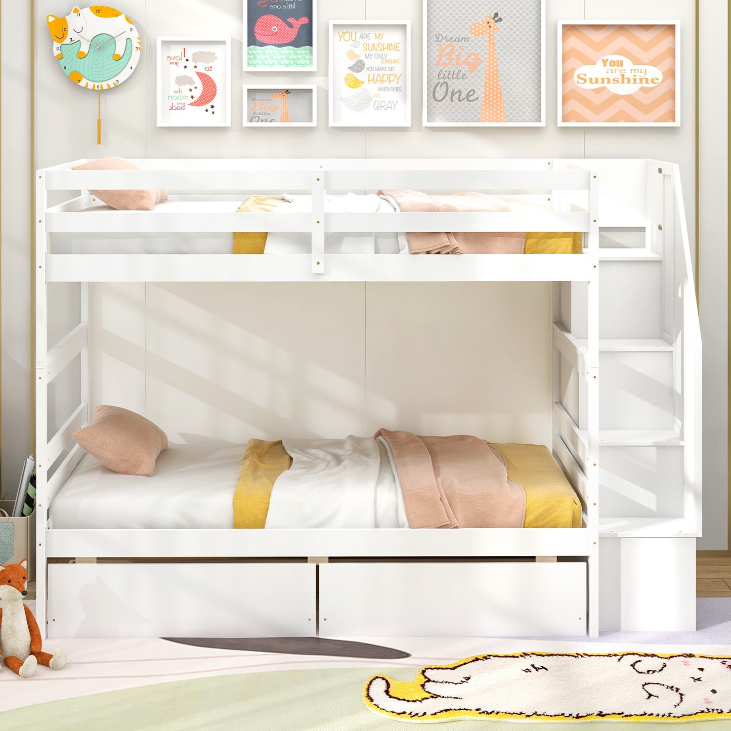 Solid Wood Twin Over Twin Bunk Bed with Storage Stairs, Drawers, and Guardrails - White