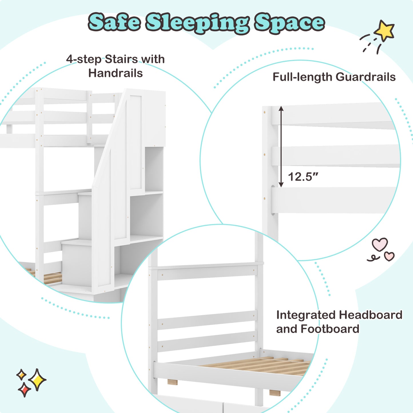 Solid Wood Twin Over Twin Bunk Bed with Storage Stairs, Drawers, and Guardrails - White
