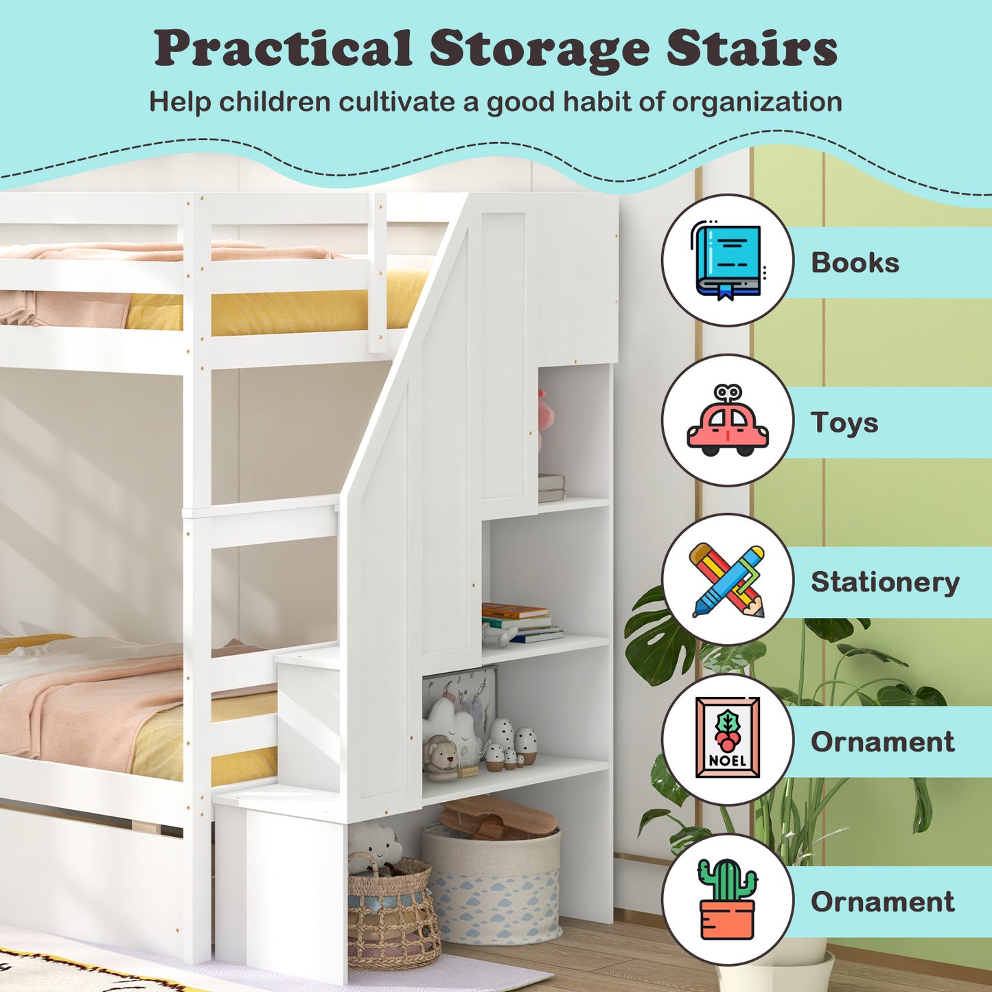Solid Wood Twin Over Twin Bunk Bed with Storage Stairs, Drawers, and Guardrails - White