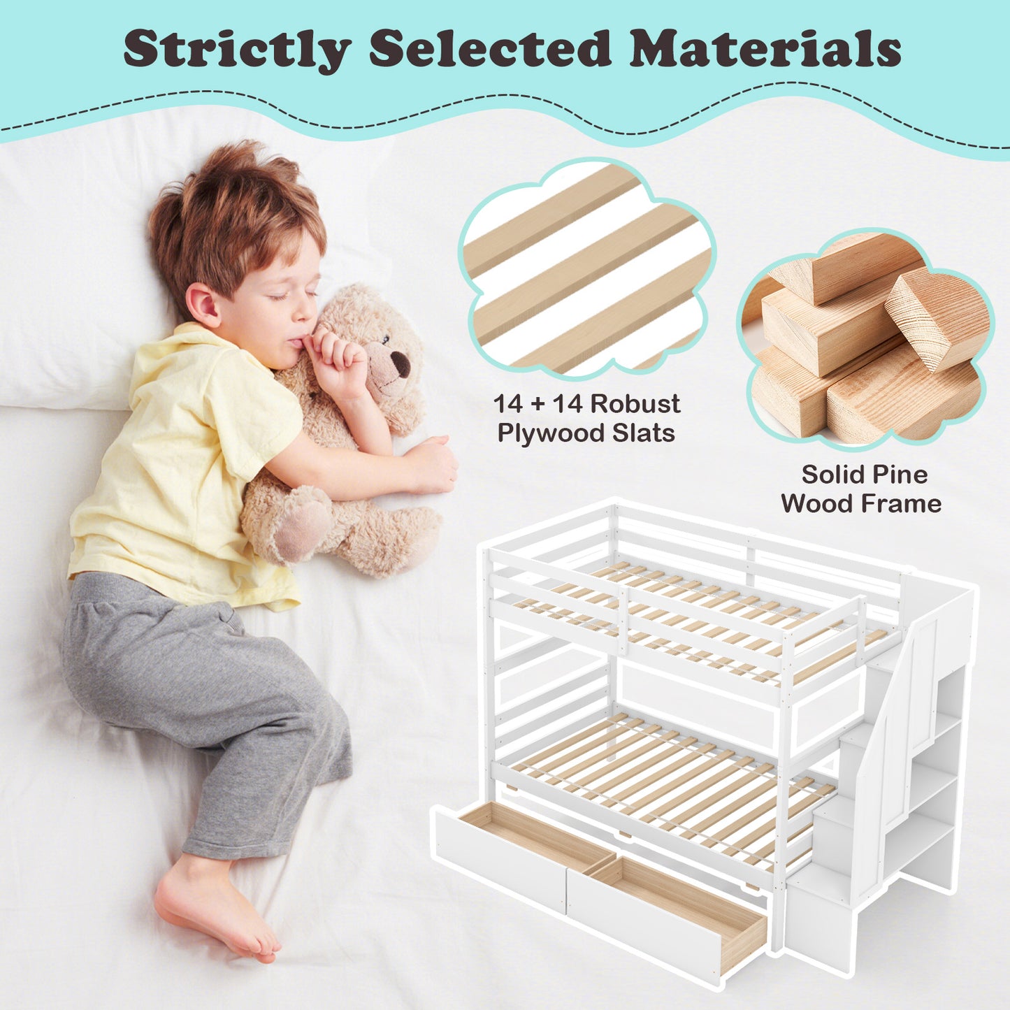 Solid Wood Twin Over Twin Bunk Bed with Storage Stairs, Drawers, and Guardrails - White