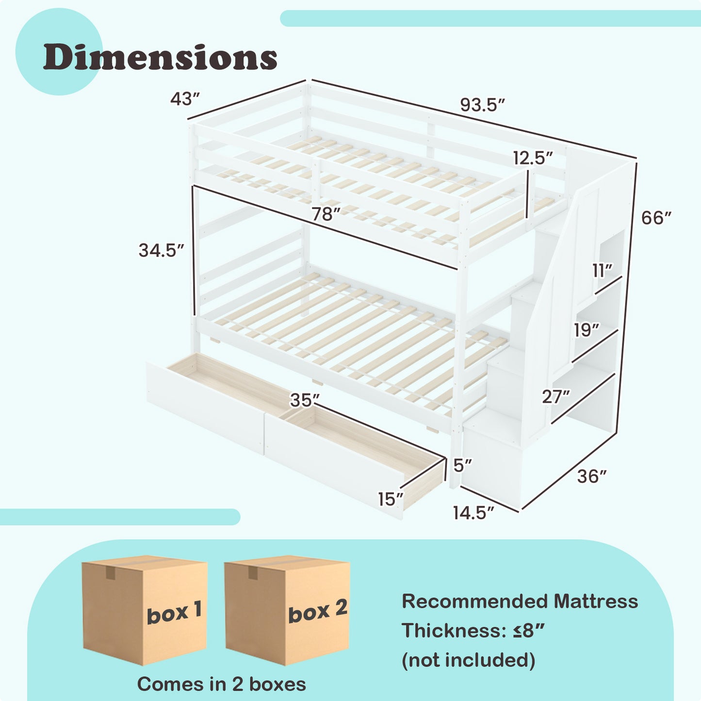 Solid Wood Twin Over Twin Bunk Bed with Storage Stairs, Drawers, and Guardrails - White