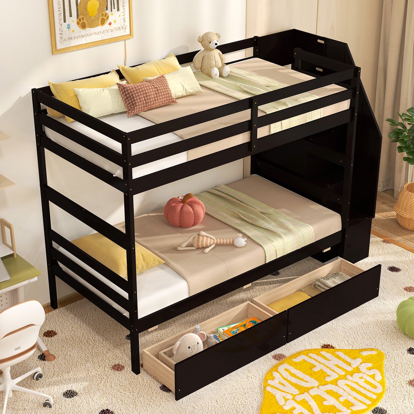 Solid Wood Twin Over Twin Bunk Bed with Storage Stairs, Drawers, and Guardrails - Coffee