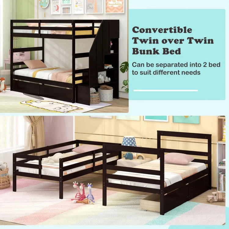 Solid Wood Twin Over Twin Bunk Bed with Storage Stairs, Drawers, and Guardrails - Coffee