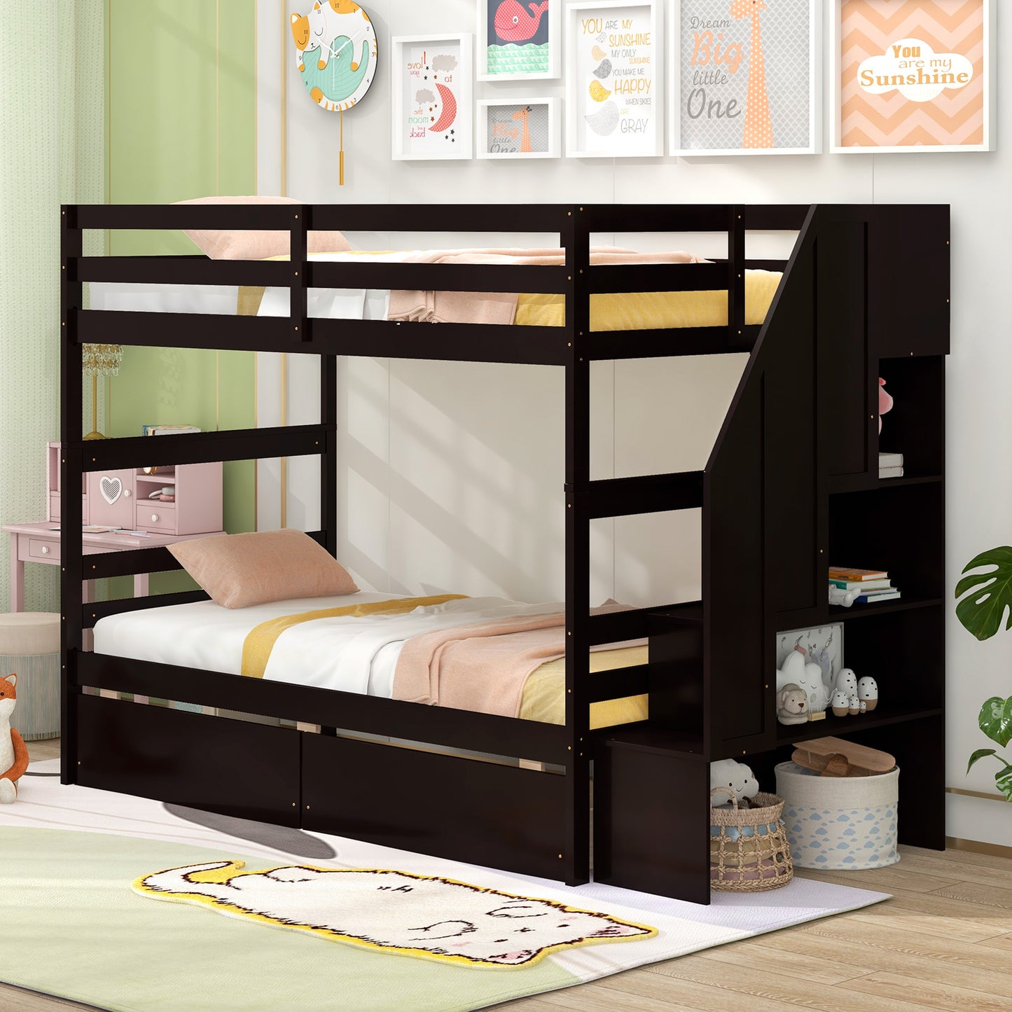 Solid Wood Twin Over Twin Bunk Bed with Storage Stairs, Drawers, and Guardrails - Coffee
