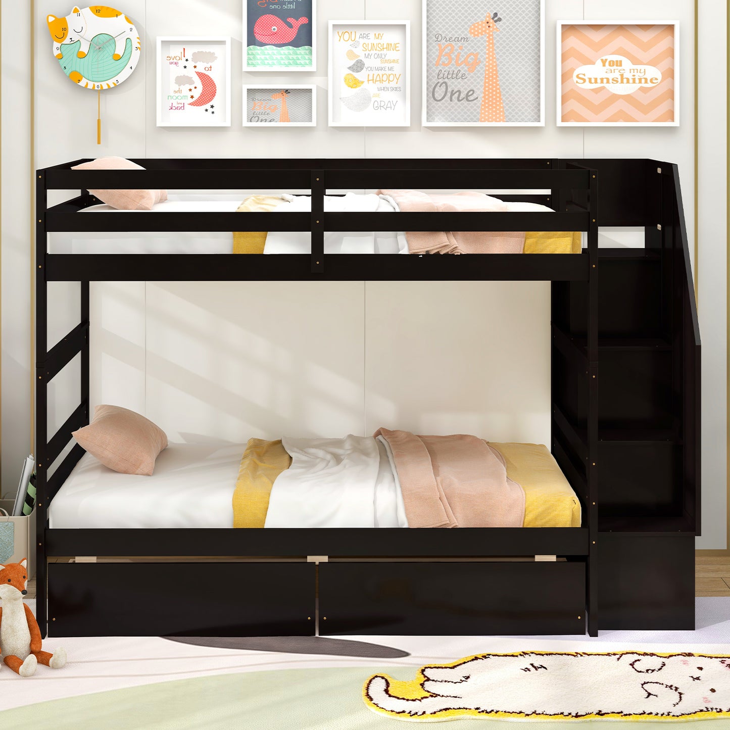 Solid Wood Twin Over Twin Bunk Bed with Storage Stairs, Drawers, and Guardrails - Coffee