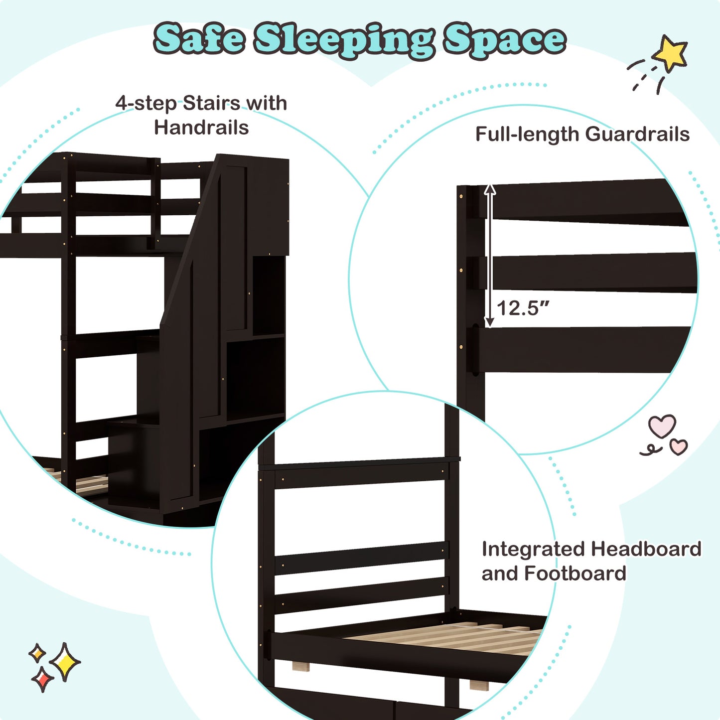 Solid Wood Twin Over Twin Bunk Bed with Storage Stairs, Drawers, and Guardrails - Coffee