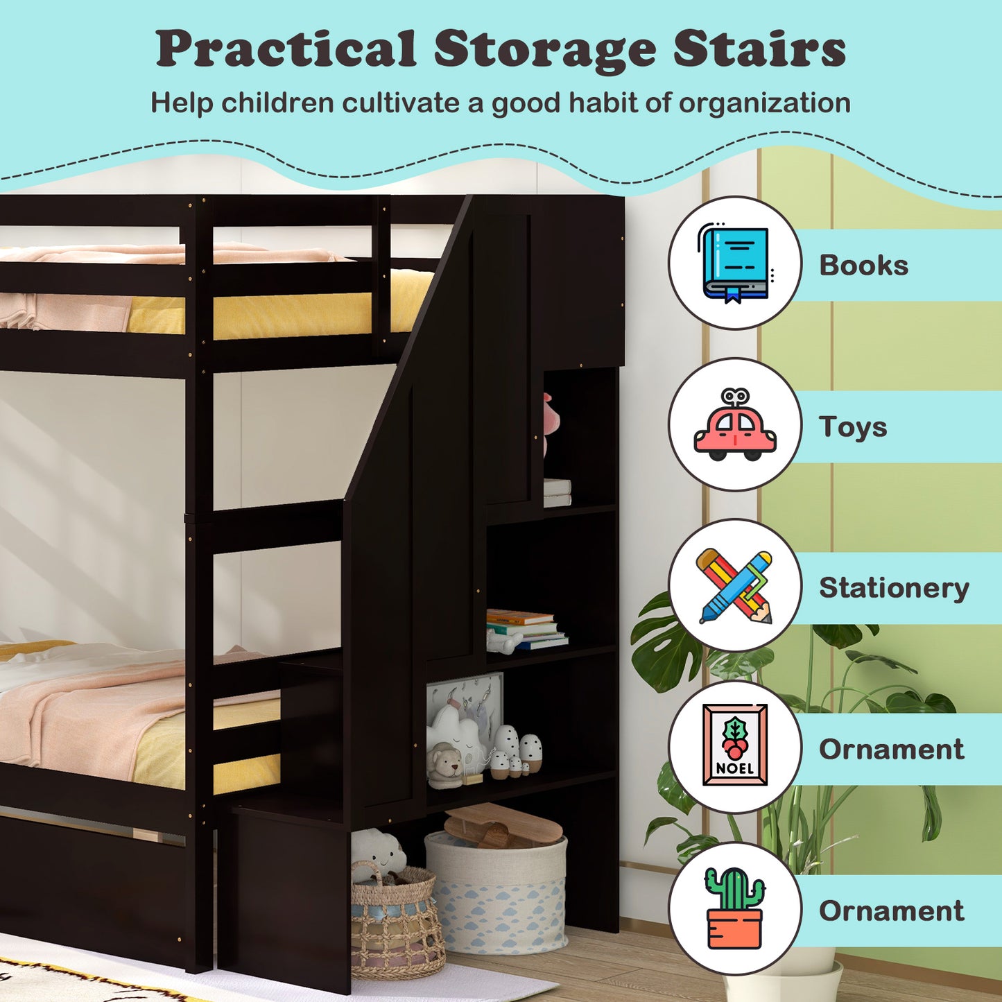 Solid Wood Twin Over Twin Bunk Bed with Storage Stairs, Drawers, and Guardrails - Coffee