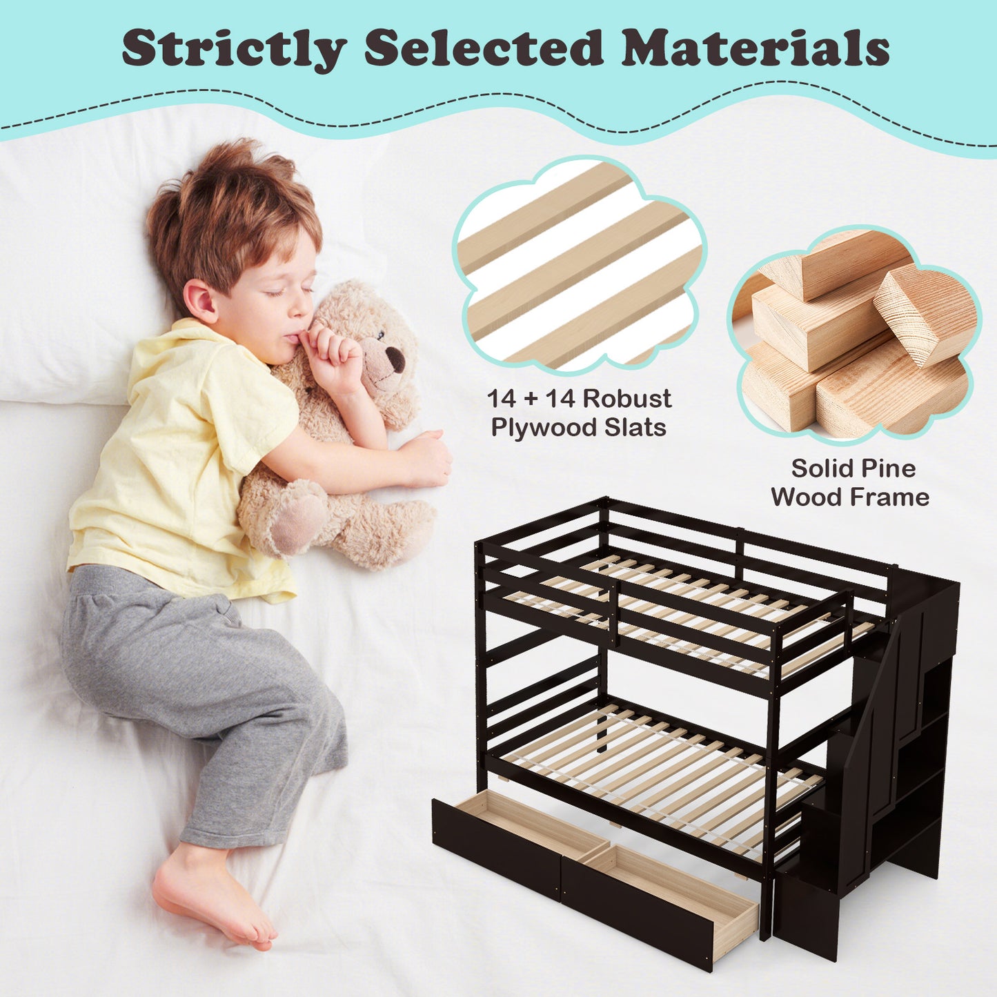 Solid Wood Twin Over Twin Bunk Bed with Storage Stairs, Drawers, and Guardrails - Coffee