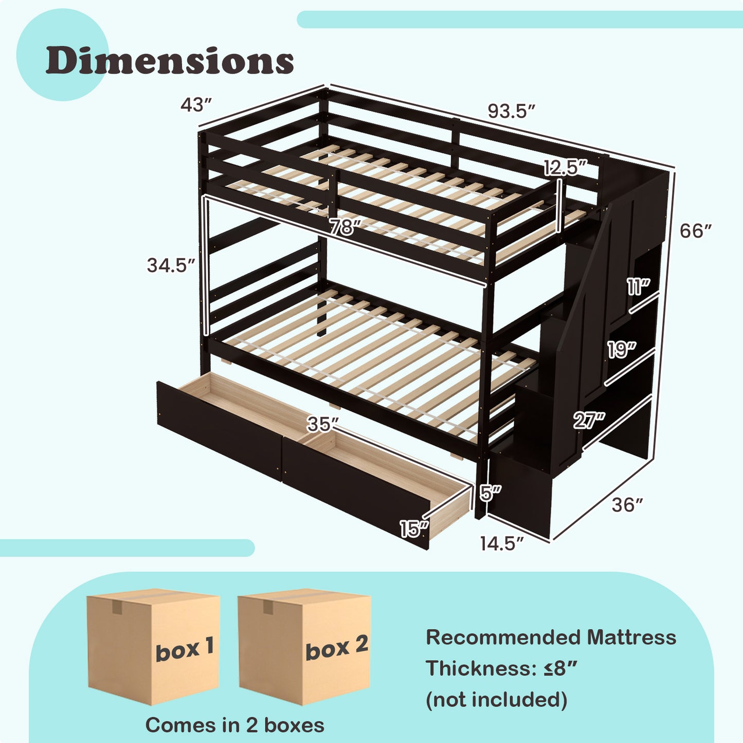 Solid Wood Twin Over Twin Bunk Bed with Storage Stairs, Drawers, and Guardrails - Coffee