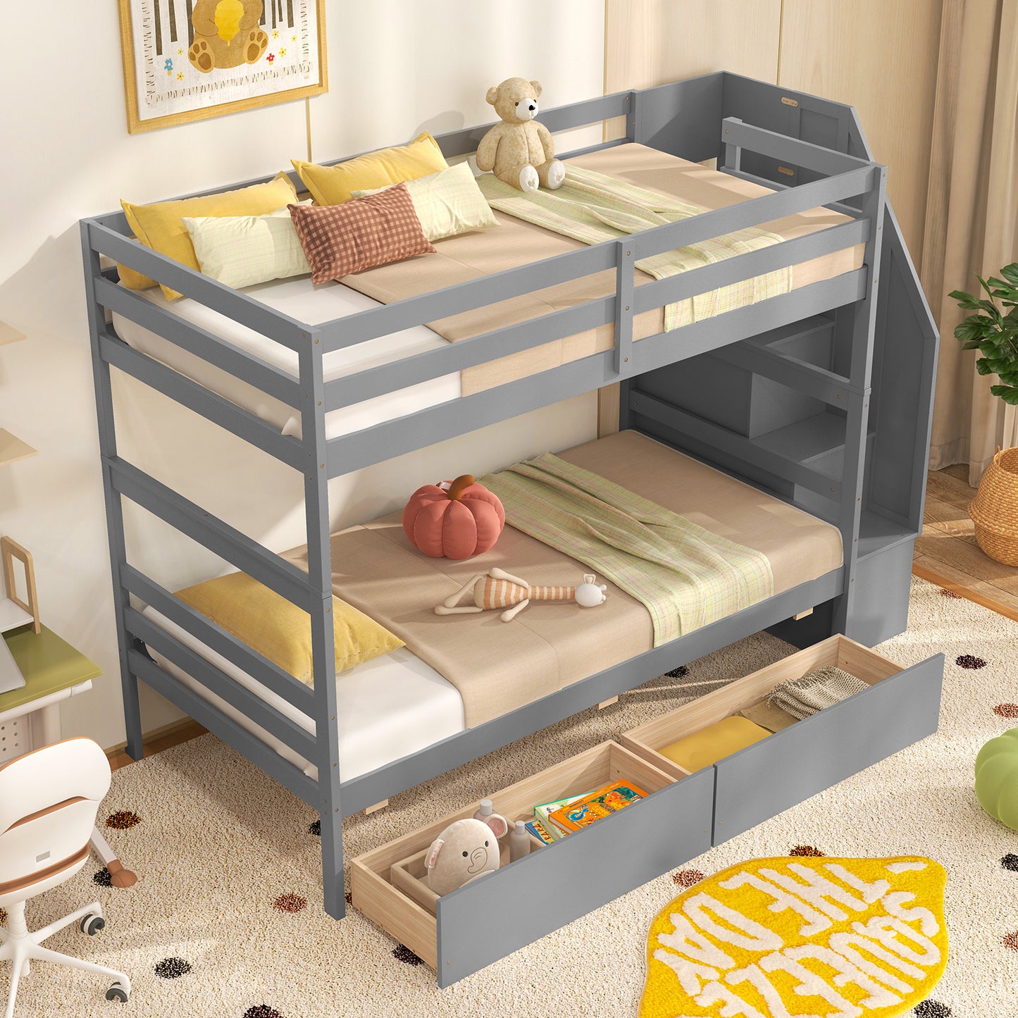 Solid Wood Twin Over Twin Bunk Bed with Storage Stairs, Drawers, and Guardrails - Grey