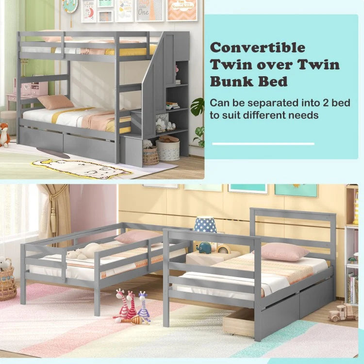Solid Wood Twin Over Twin Bunk Bed with Storage Stairs, Drawers, and Guardrails - Grey