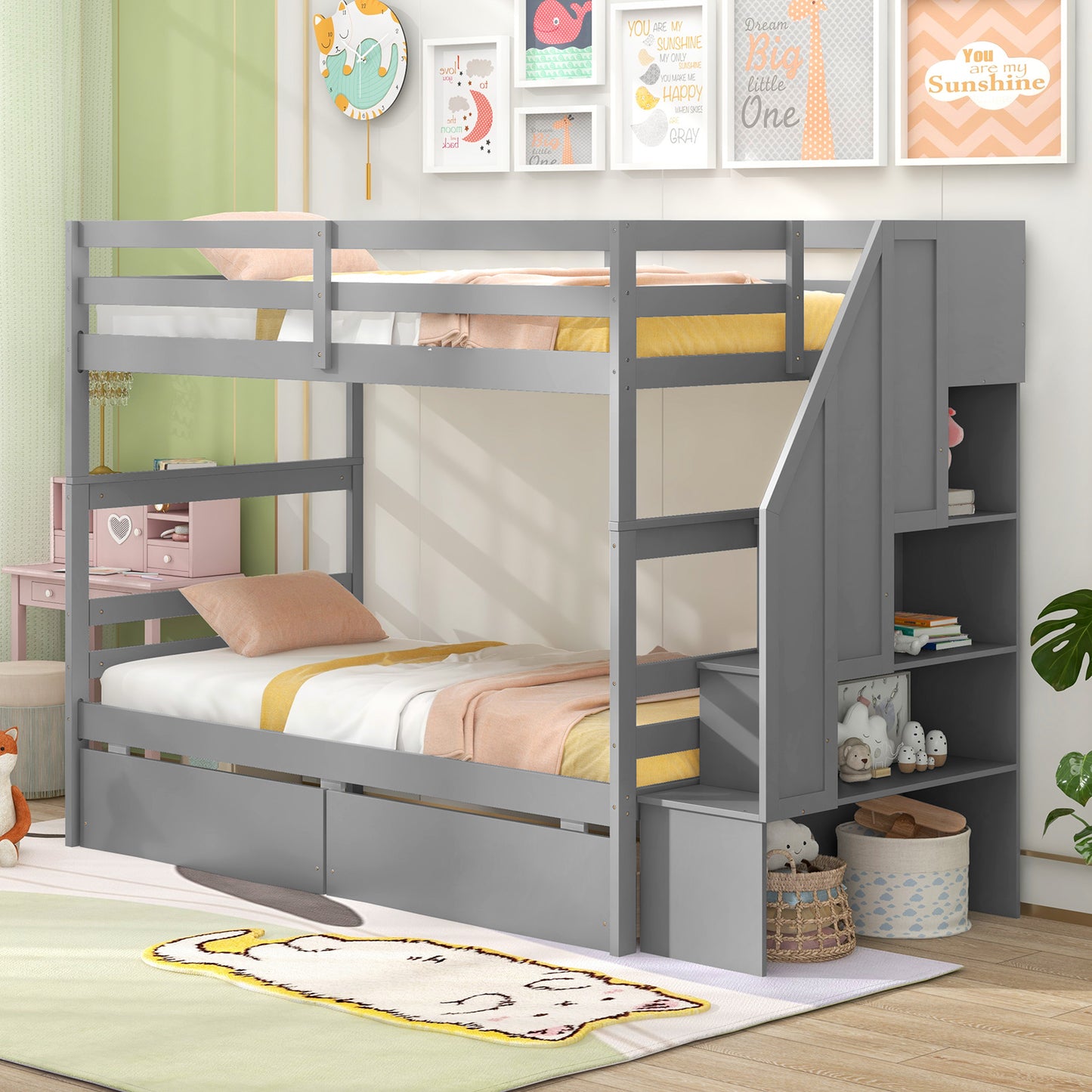 Solid Wood Twin Over Twin Bunk Bed with Storage Stairs, Drawers, and Guardrails - Grey