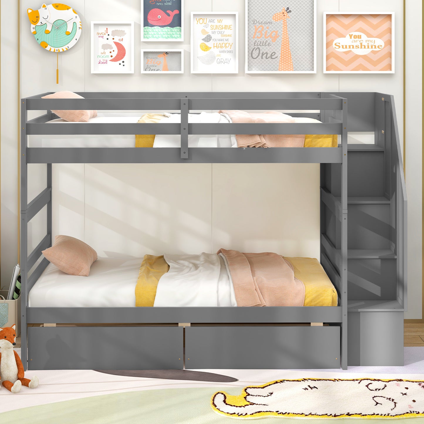 Solid Wood Twin Over Twin Bunk Bed with Storage Stairs, Drawers, and Guardrails - Grey