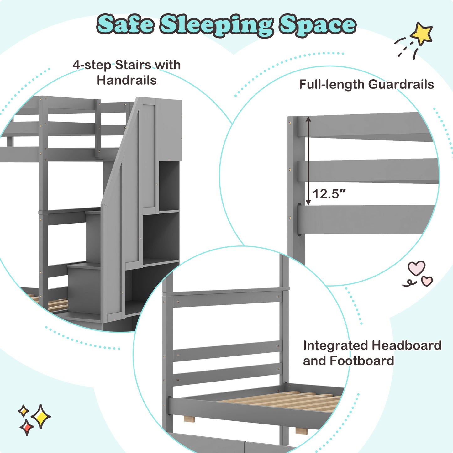 Solid Wood Twin Over Twin Bunk Bed with Storage Stairs, Drawers, and Guardrails - Grey