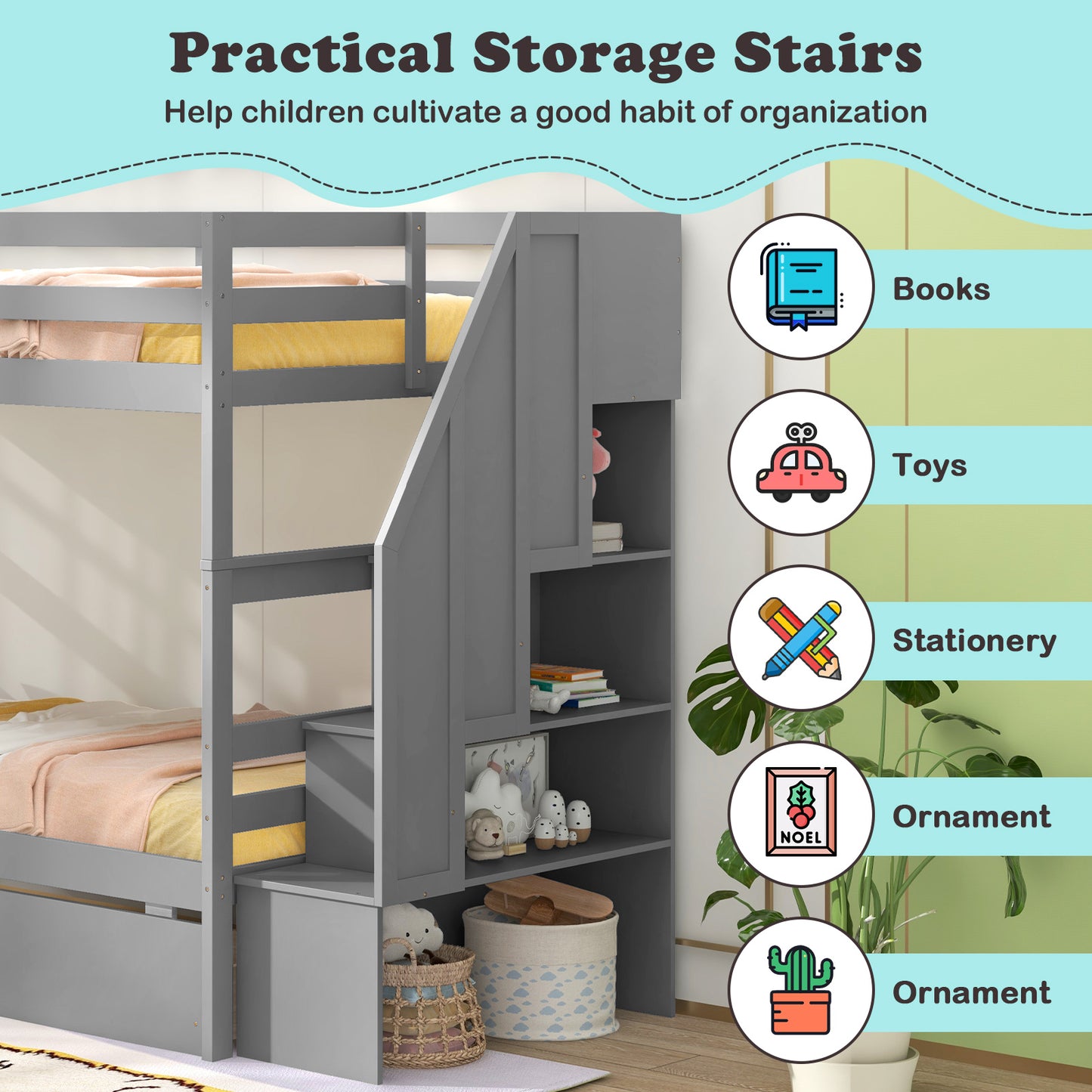Solid Wood Twin Over Twin Bunk Bed with Storage Stairs, Drawers, and Guardrails - Grey