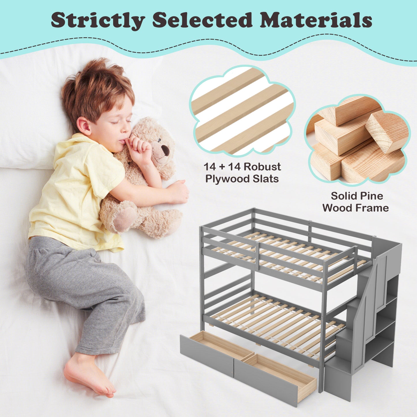 Solid Wood Twin Over Twin Bunk Bed with Storage Stairs, Drawers, and Guardrails - Grey