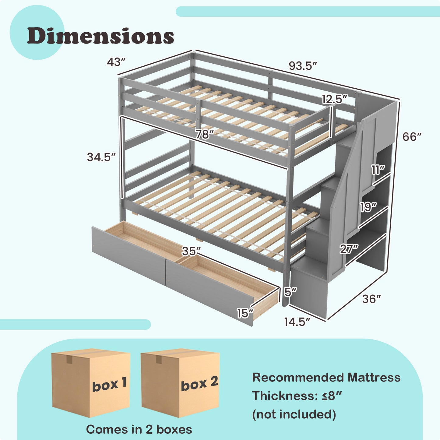 Solid Wood Twin Over Twin Bunk Bed with Storage Stairs, Drawers, and Guardrails - Grey