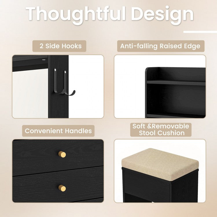 Compact Vanity Table Set with 3-Color LED Mirror, Charging Station and Storage Drawers – Black