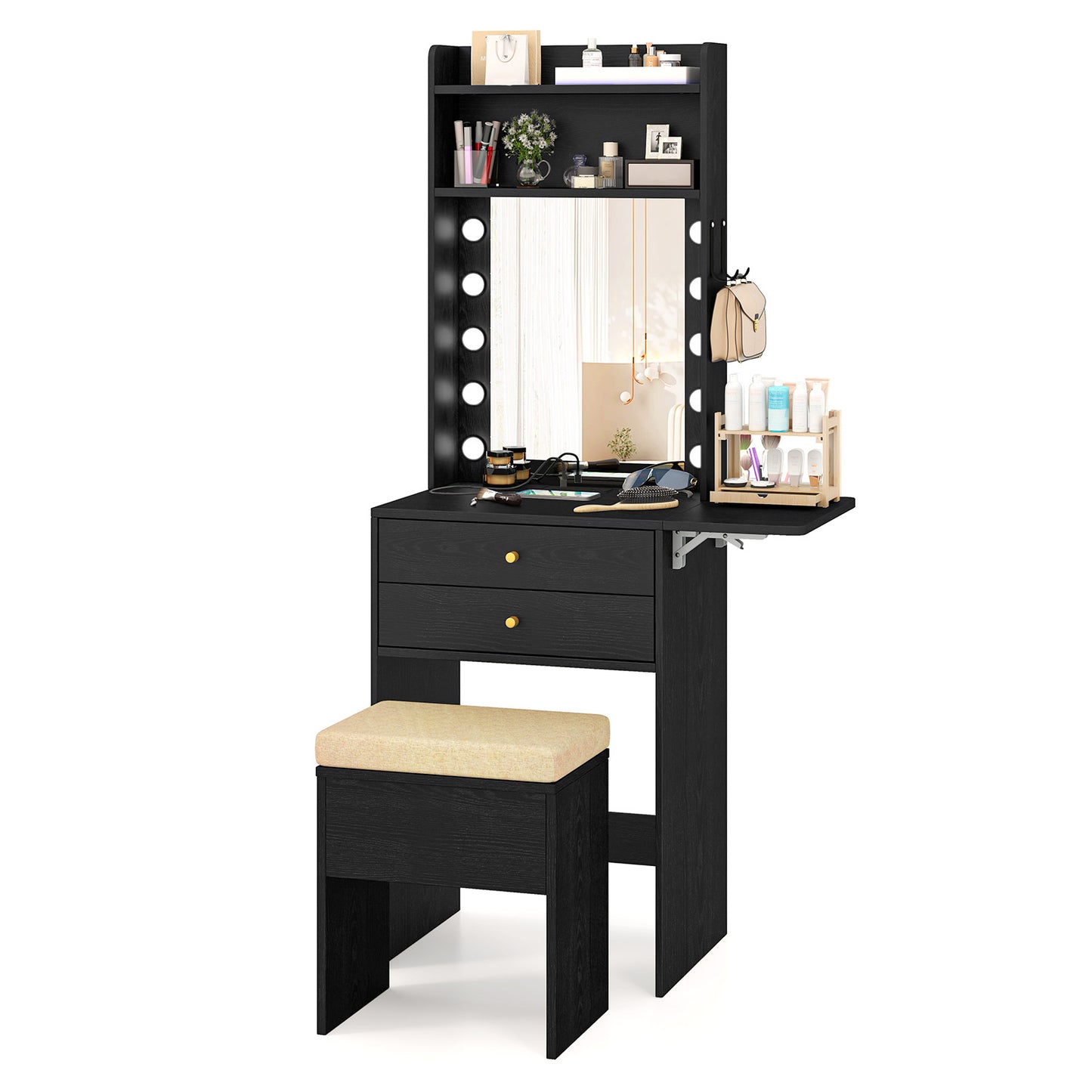 Compact Vanity Table Set with 3-Color LED Mirror, Charging Station and Storage Drawers – Black